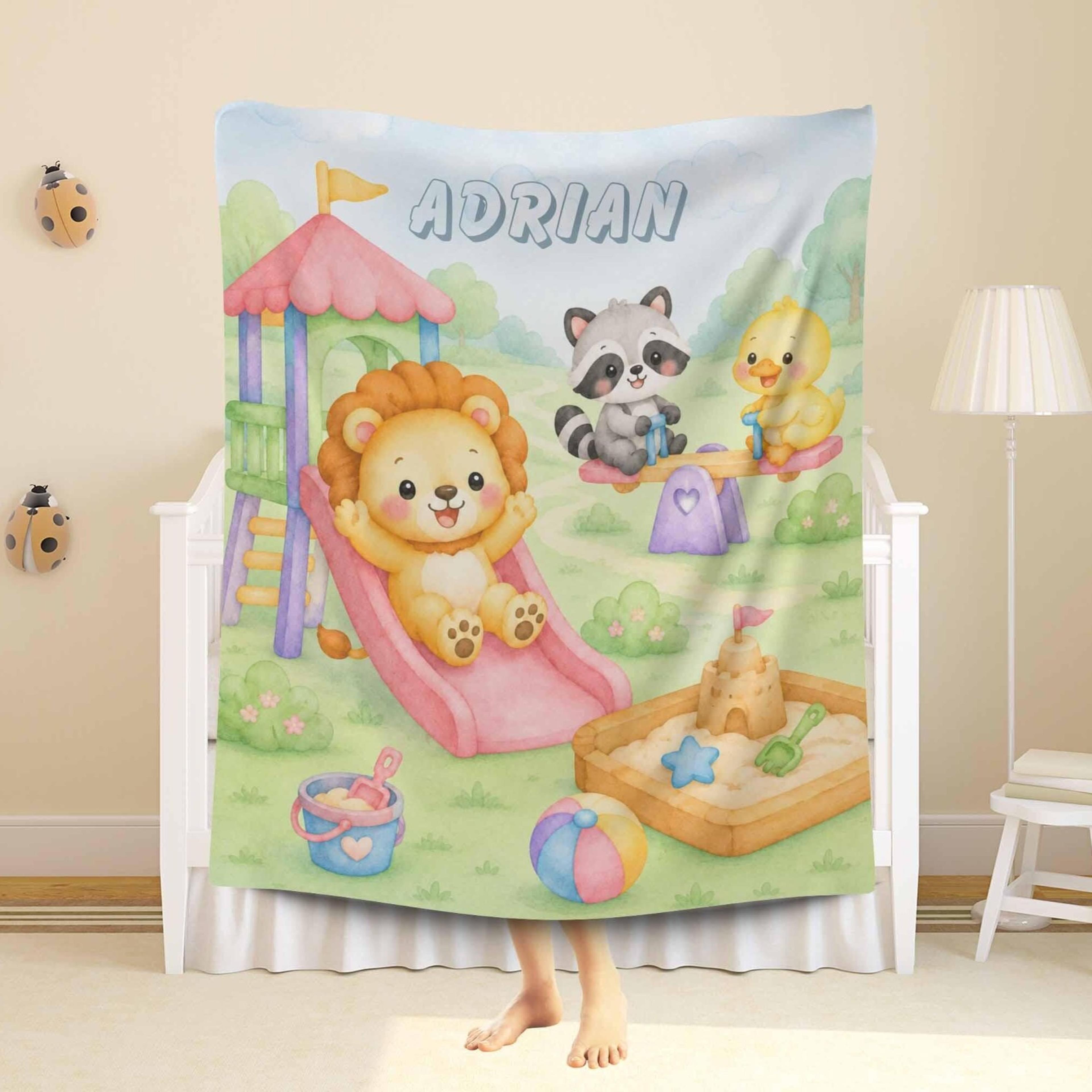 personalized playground sherpa blanket, animal kids blanket, custom name toddler gift, nursery playroom keepsake
