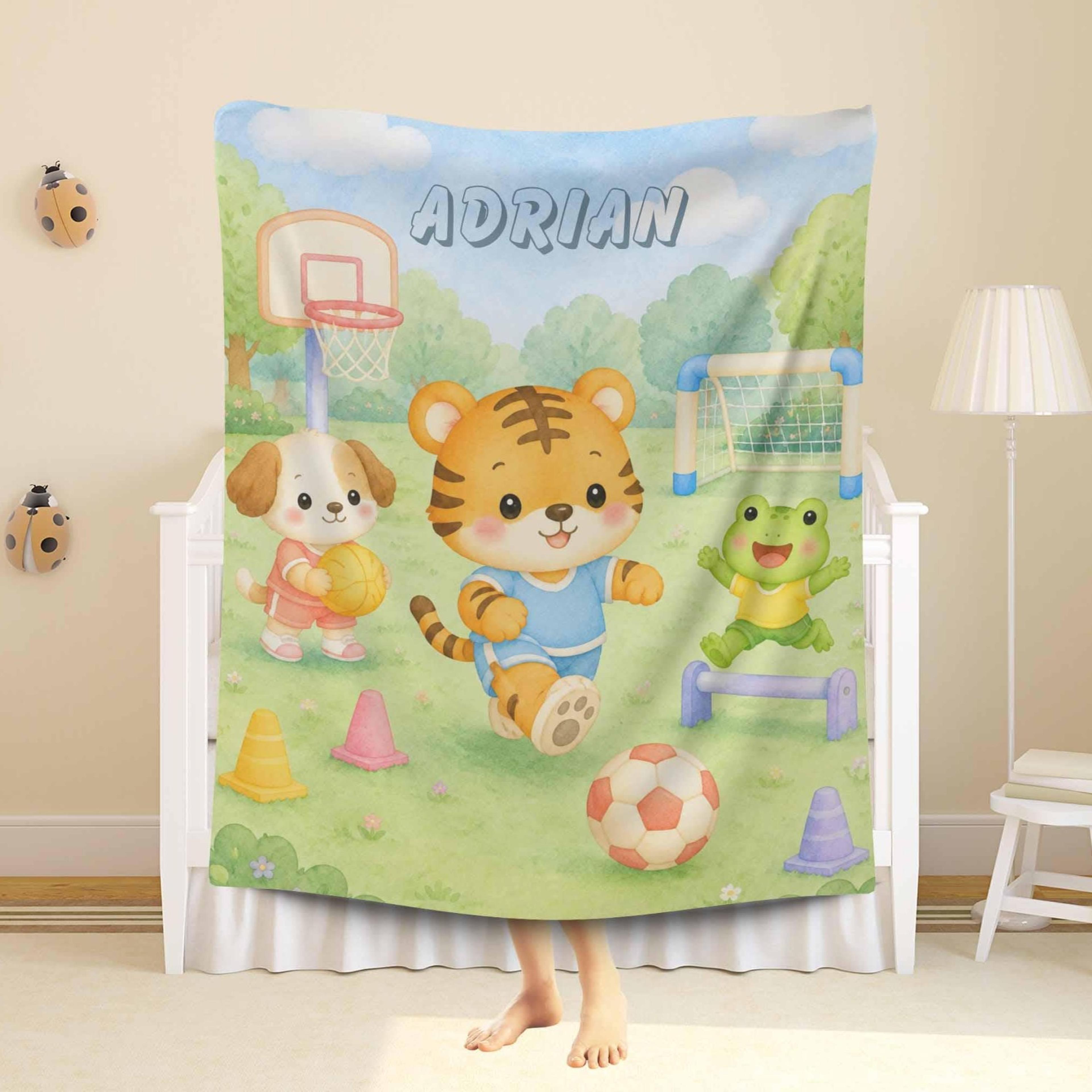 personalized sports lover sherpa blanket, soccer basketball kids blanket, custom name boy gift, sports school keepsake