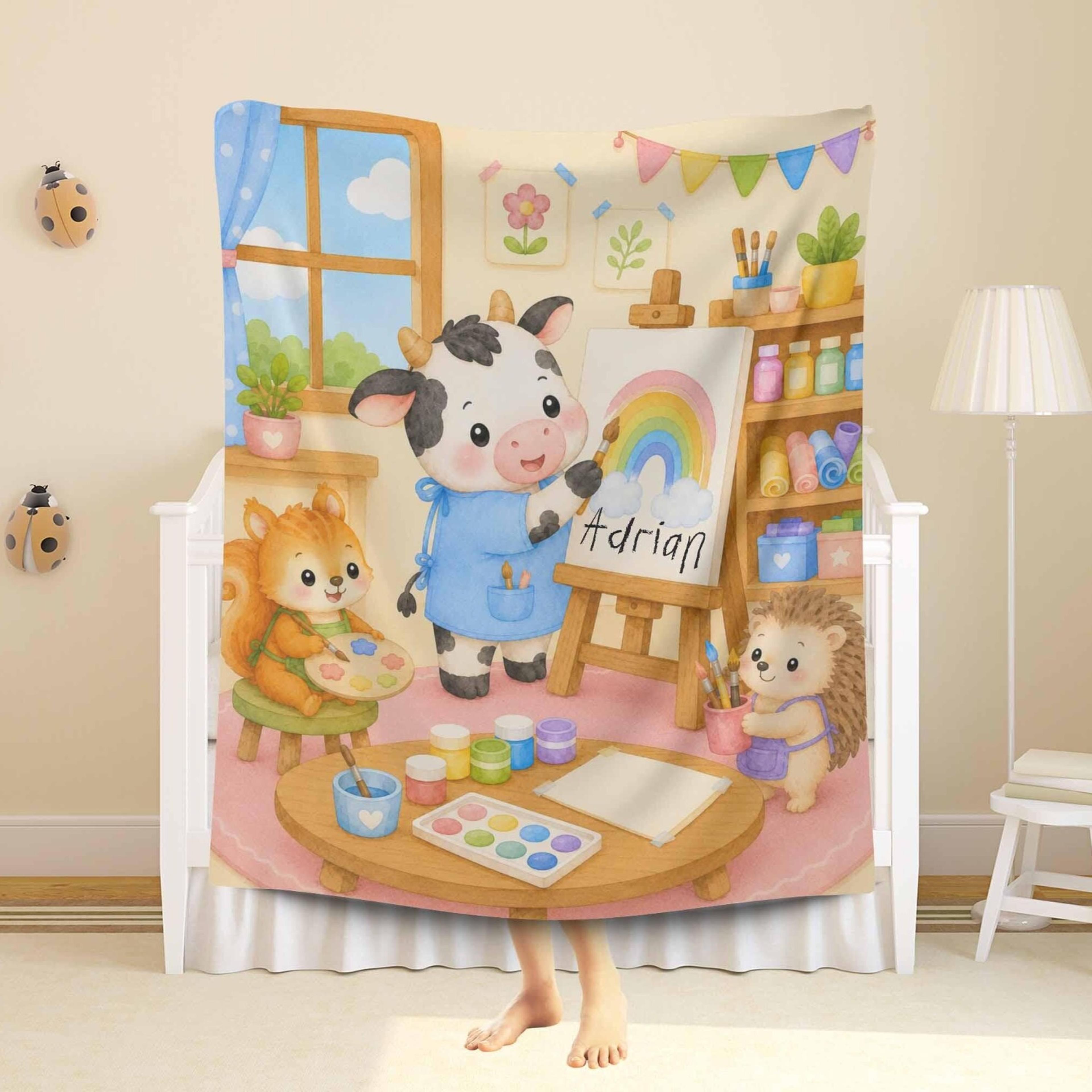 personalized art class sherpa blanket, painting animals kids gift, custom name young artist blanket, art keepsake