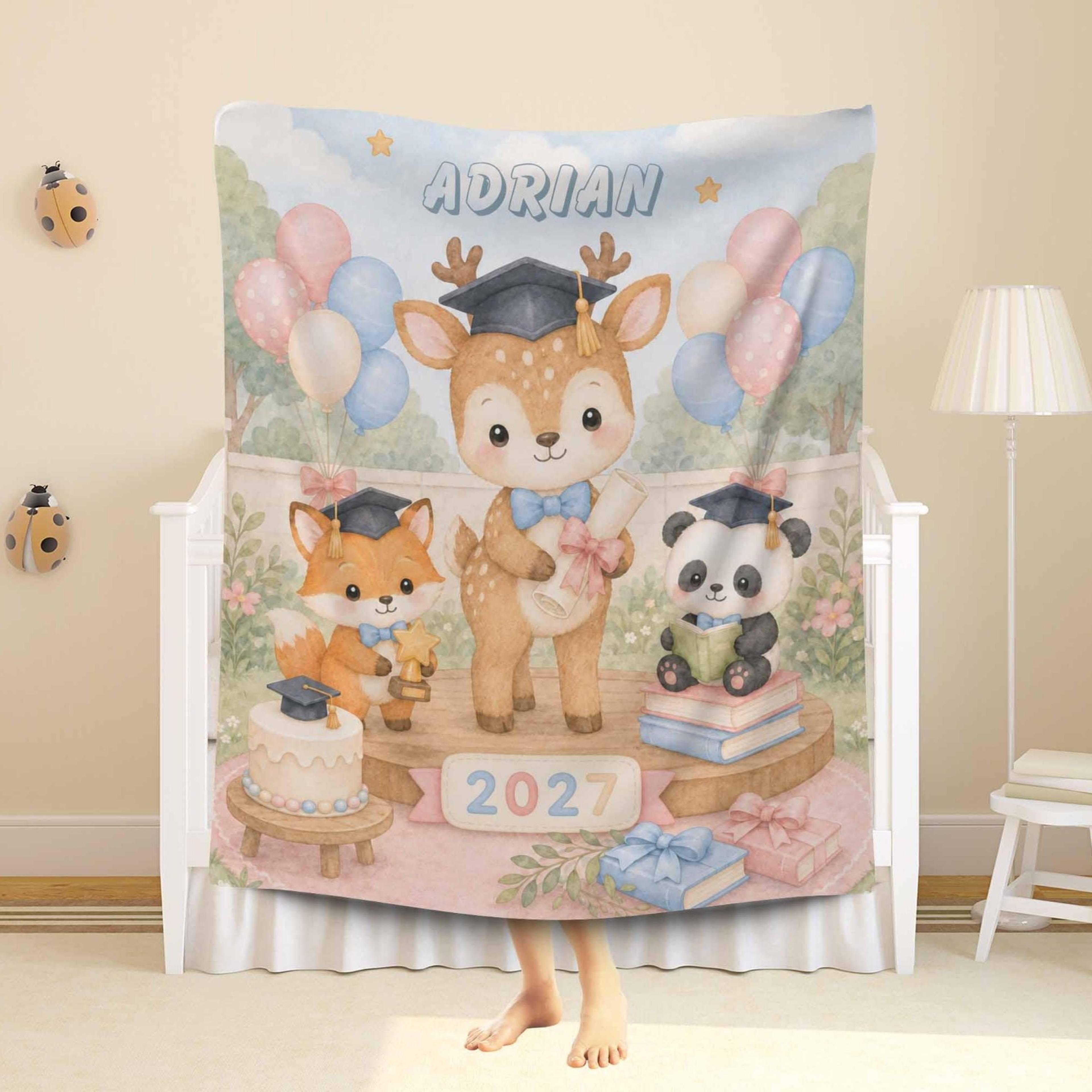 personalized kindergarten graduation sherpa blanket, woodland animals grad gift, custom name preschool keepsake