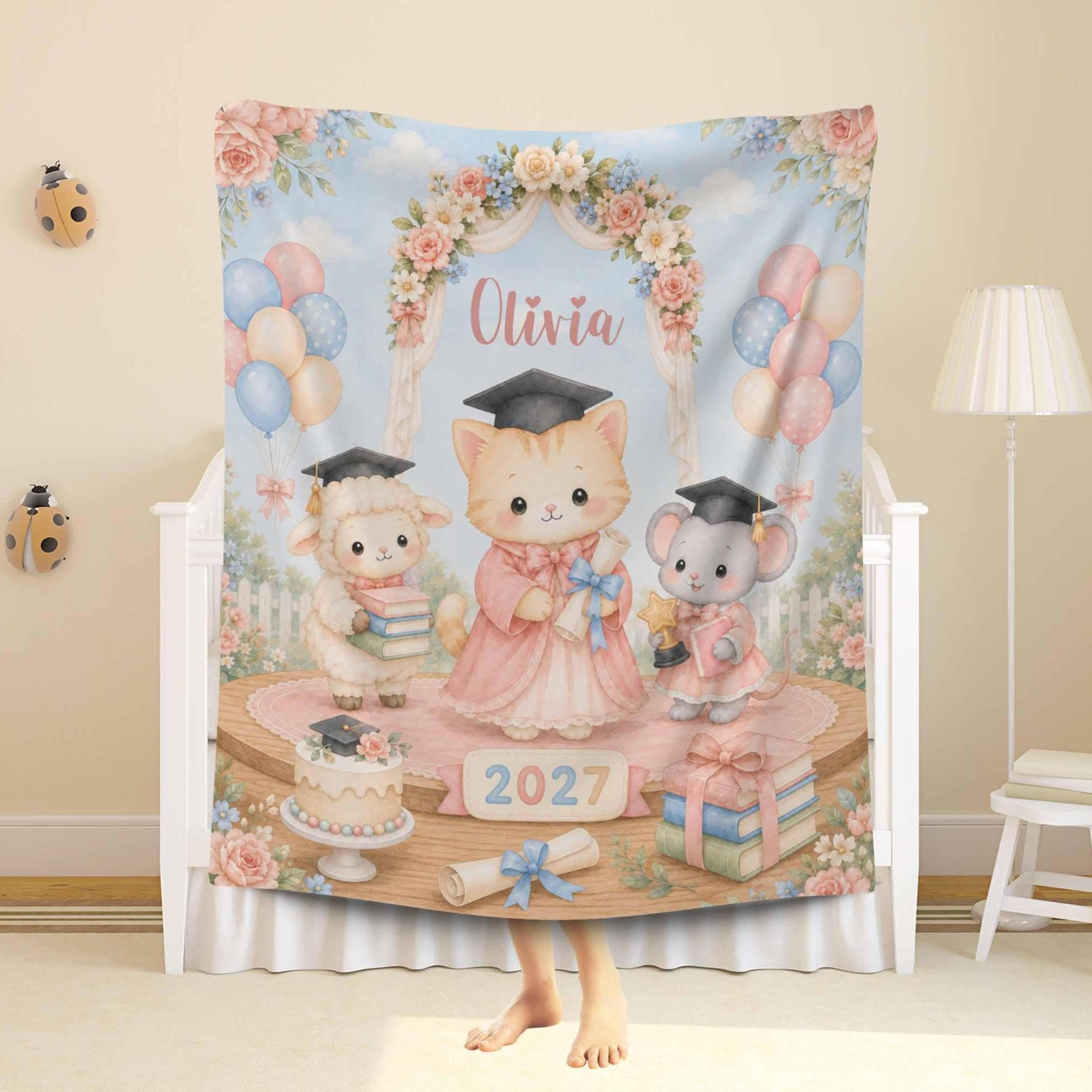 personalized kindergarten graduation sherpa blanket, woodland animals kids gift, custom name preschool keepsake