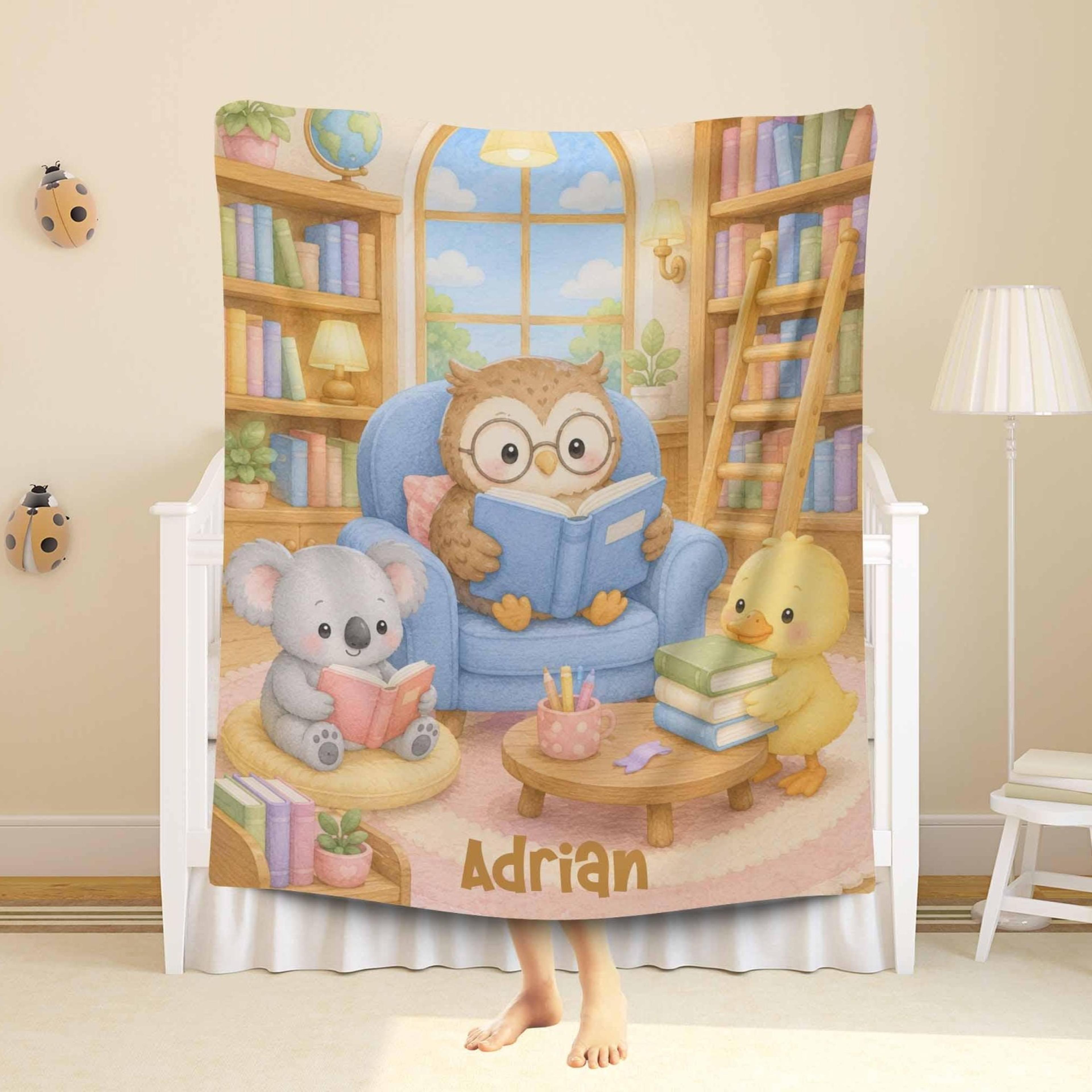 personalized book lover sherpa blanket, reading owl kids blanket, custom name library gift, bookworm nursery keepsake