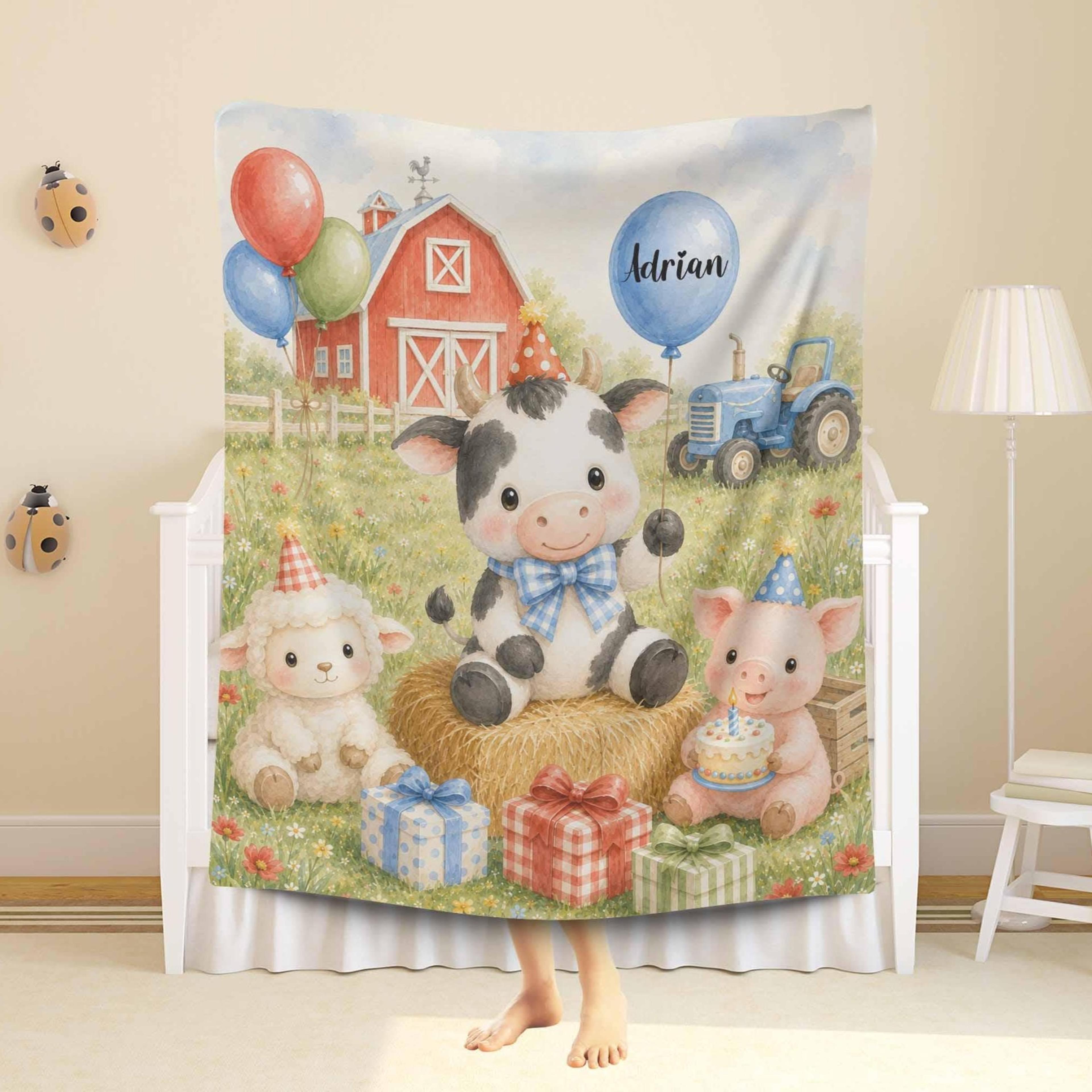 personalized farm animal baby blanket, first birthday cow blanket, custom name minky baby gift, barnyard birthday keepsa