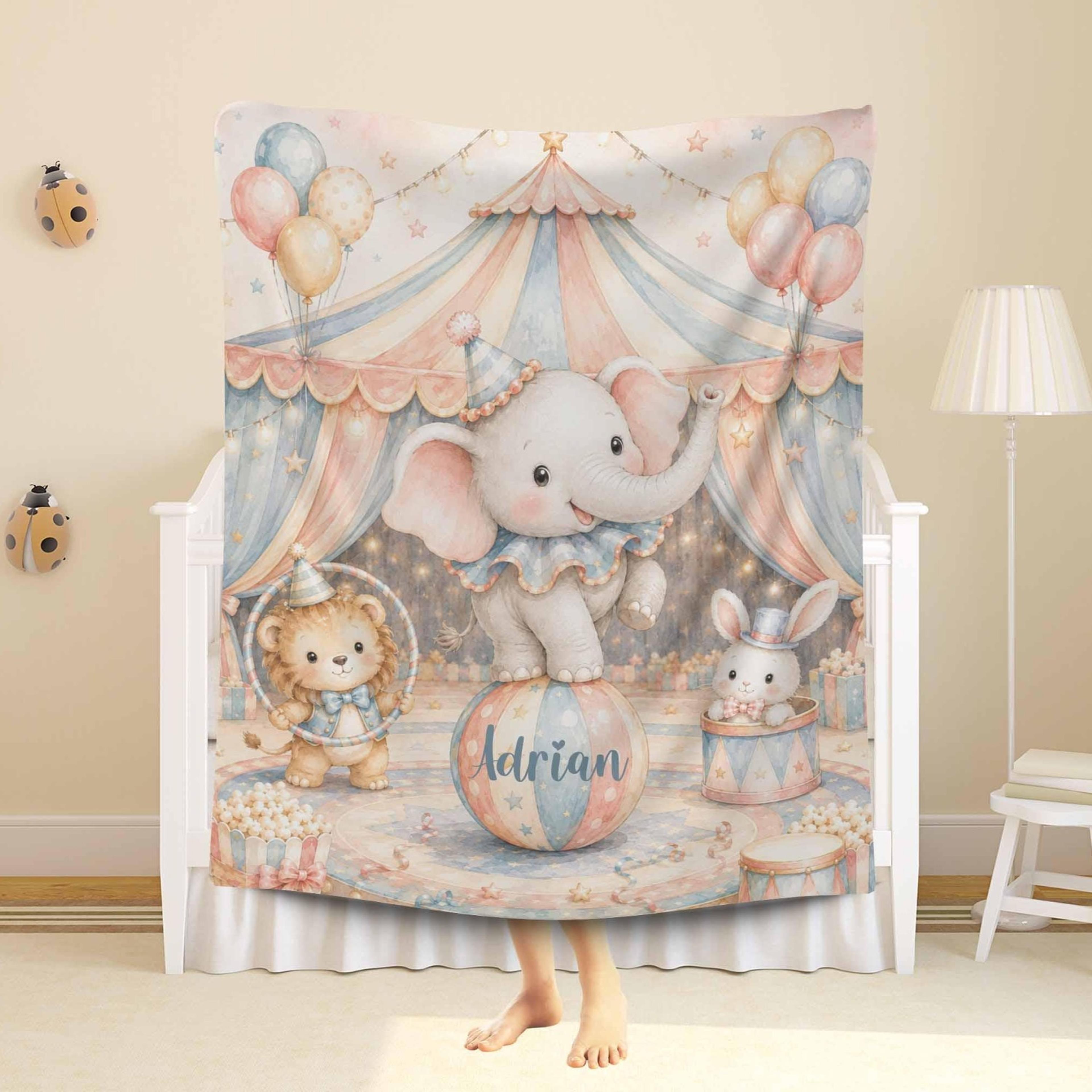 personalized circus baby blanket, elephant minky blanket, custom name nursery gift, circus animal baby keepsake