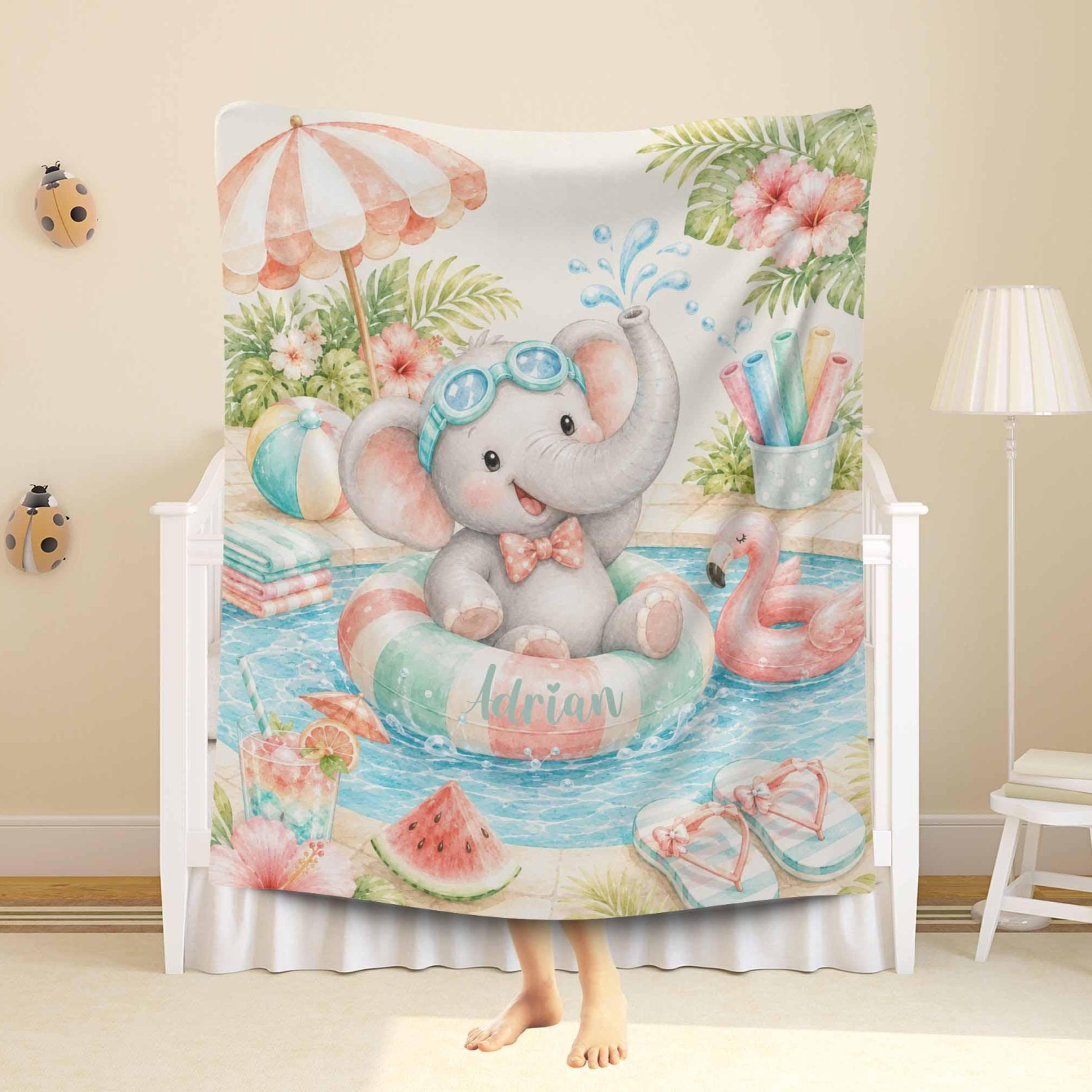 personalized elephant sherpa baby blanket, pool party minky blanket, custom name summer gift, baby shower keepsake