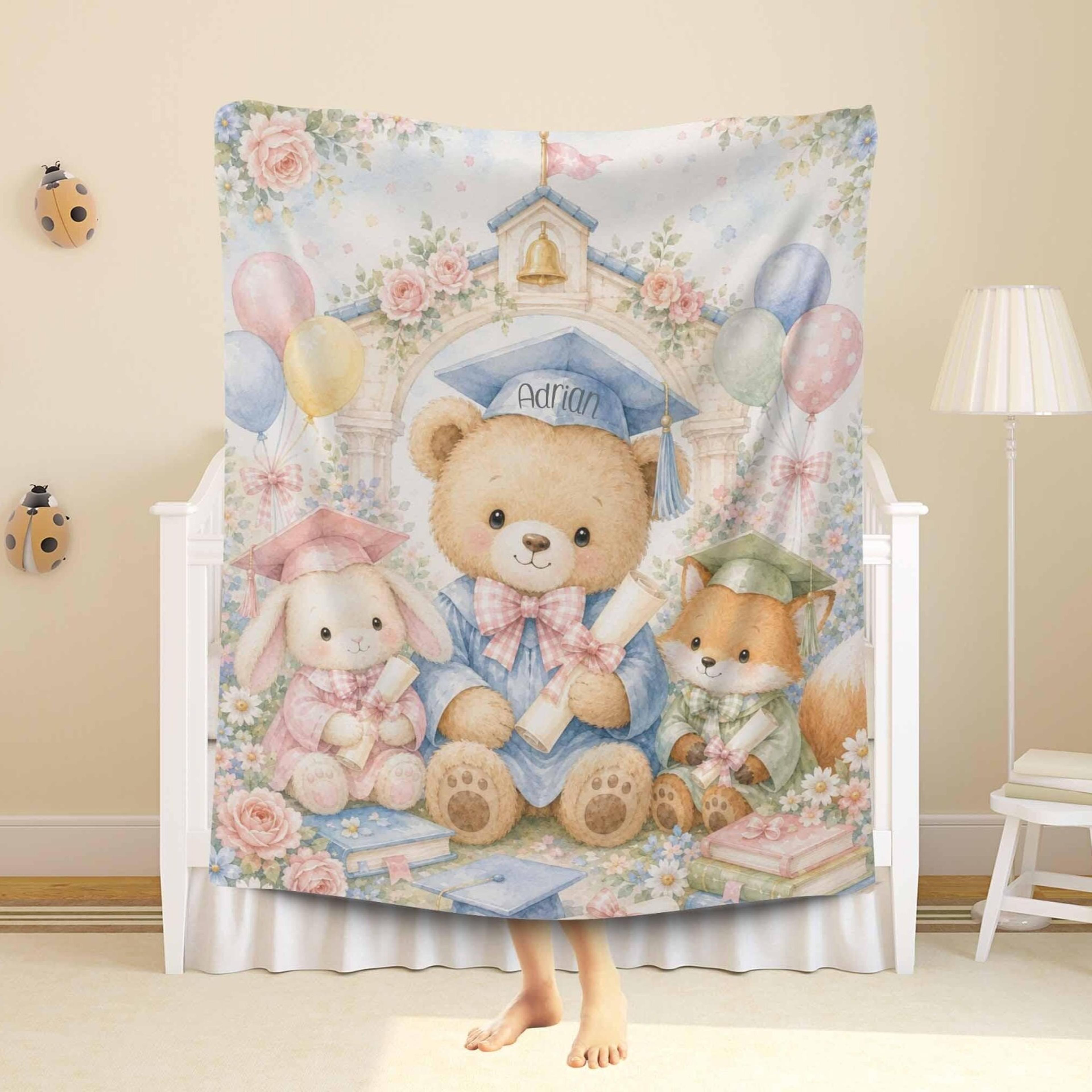 personalized kindergarten graduation sherpa blanket, teddy bear grad gift, custom name preschool keepsake, minky blanket