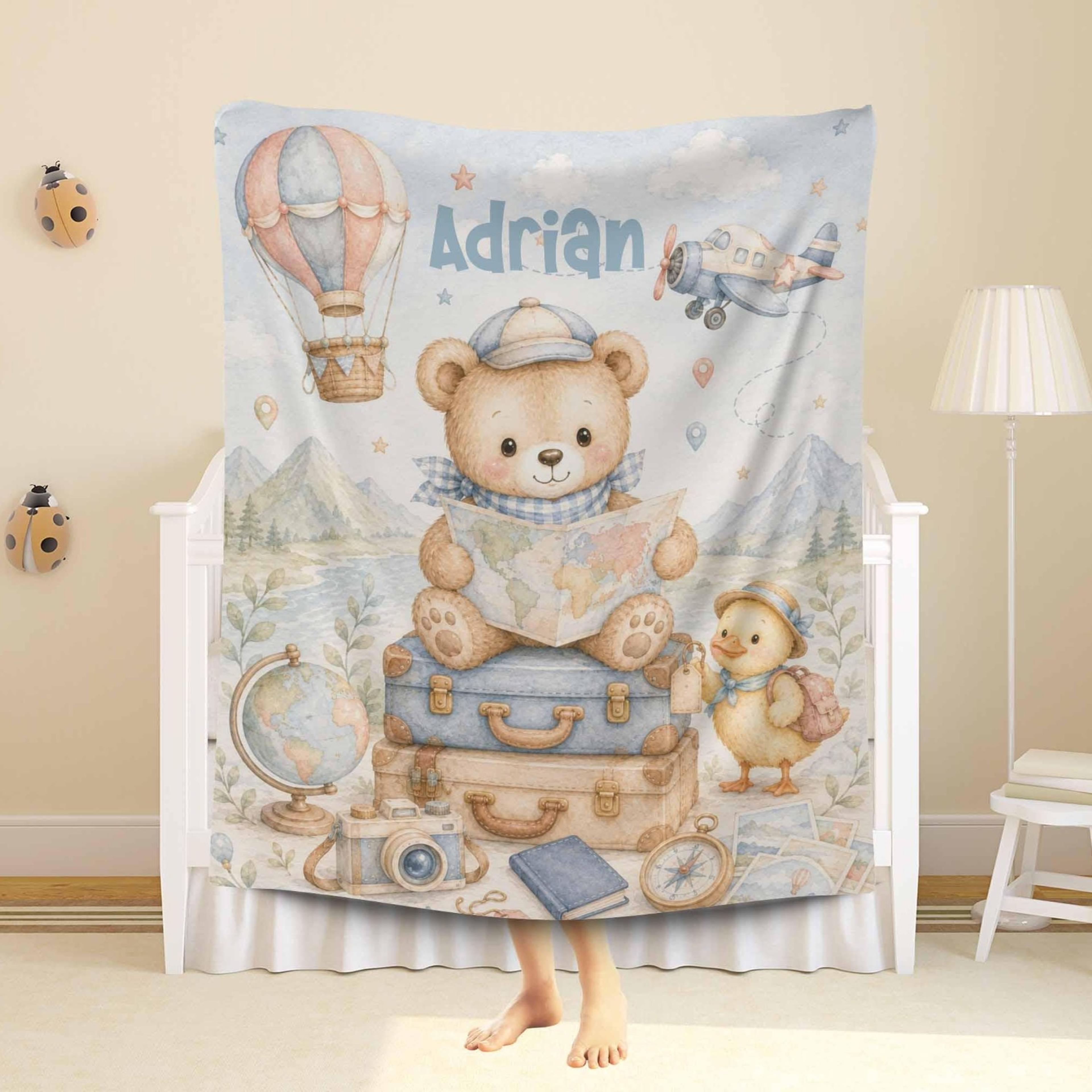 personalized little explorer sherpa blanket, airplane baby blanket, custom name travel gift, pilot bear nursery keepsake