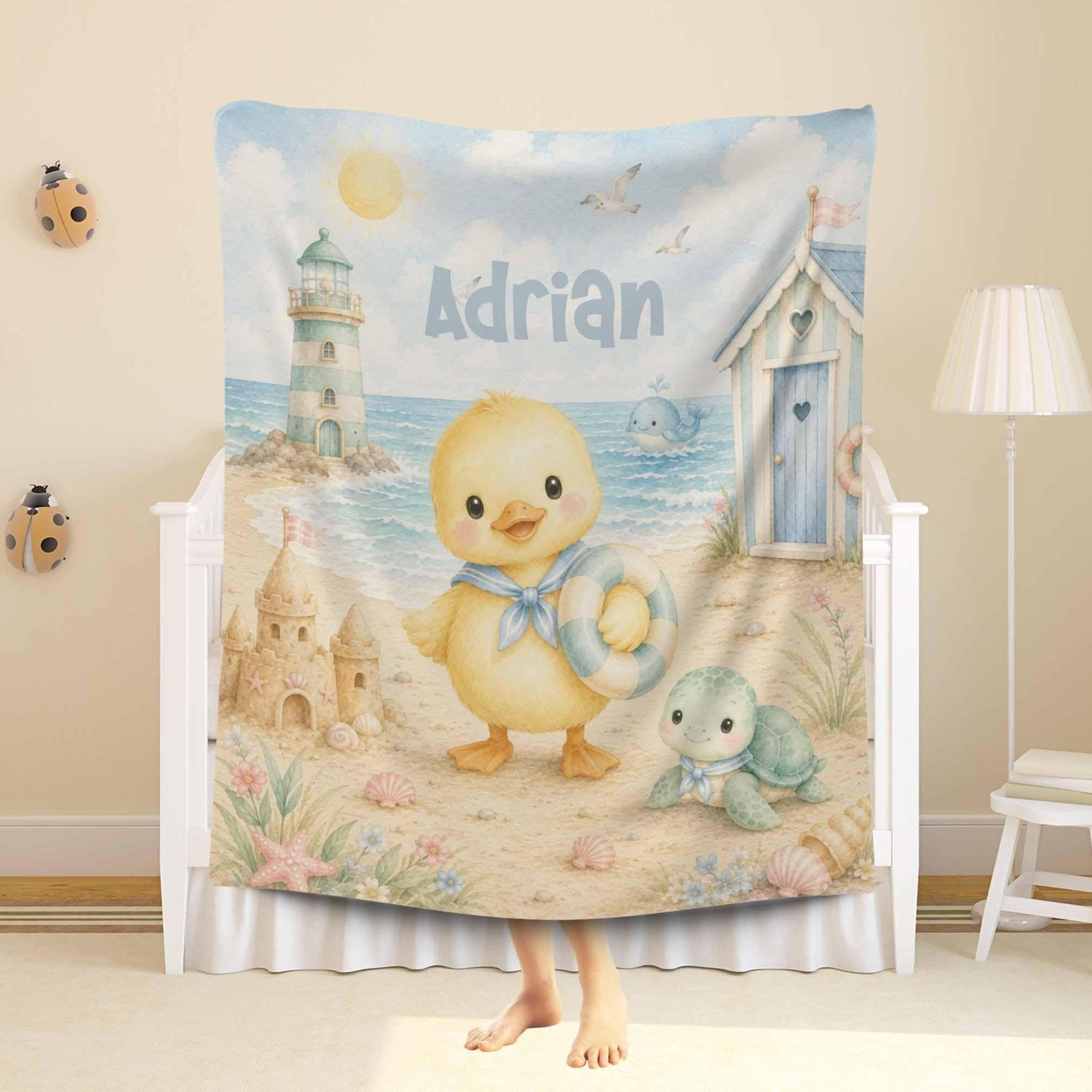 personalized beach baby sherpa blanket, duckling sea turtle blanket, custom name summer gift, nautical nursery keepsake