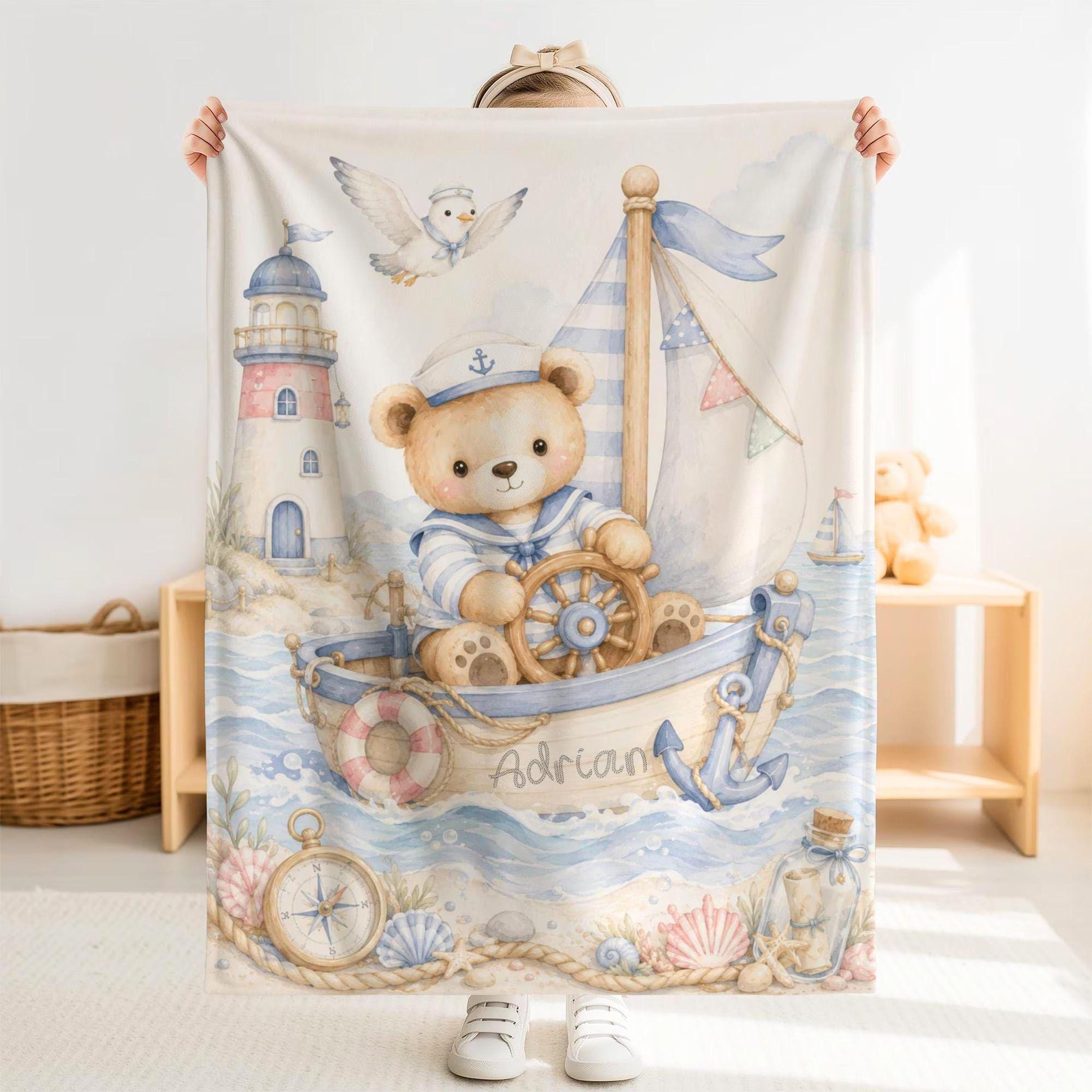 personalized sailor baby sherpa blanket, nautical teddy bear blanket, custom name little sailor gift, ocean nursery