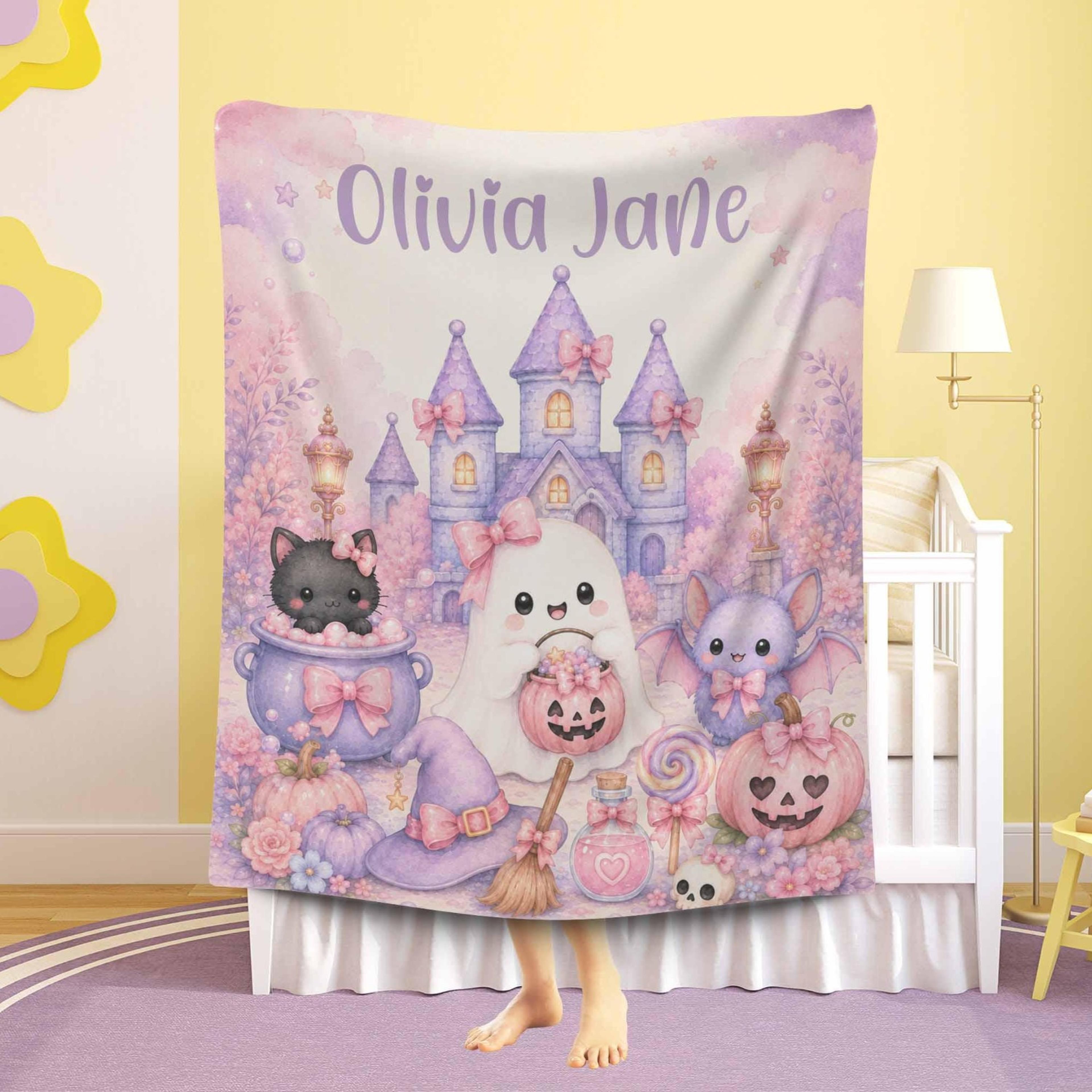 personalized halloween baby sherpa blanket, little boo ghost blanket, custom name first halloween gift, nursery decor