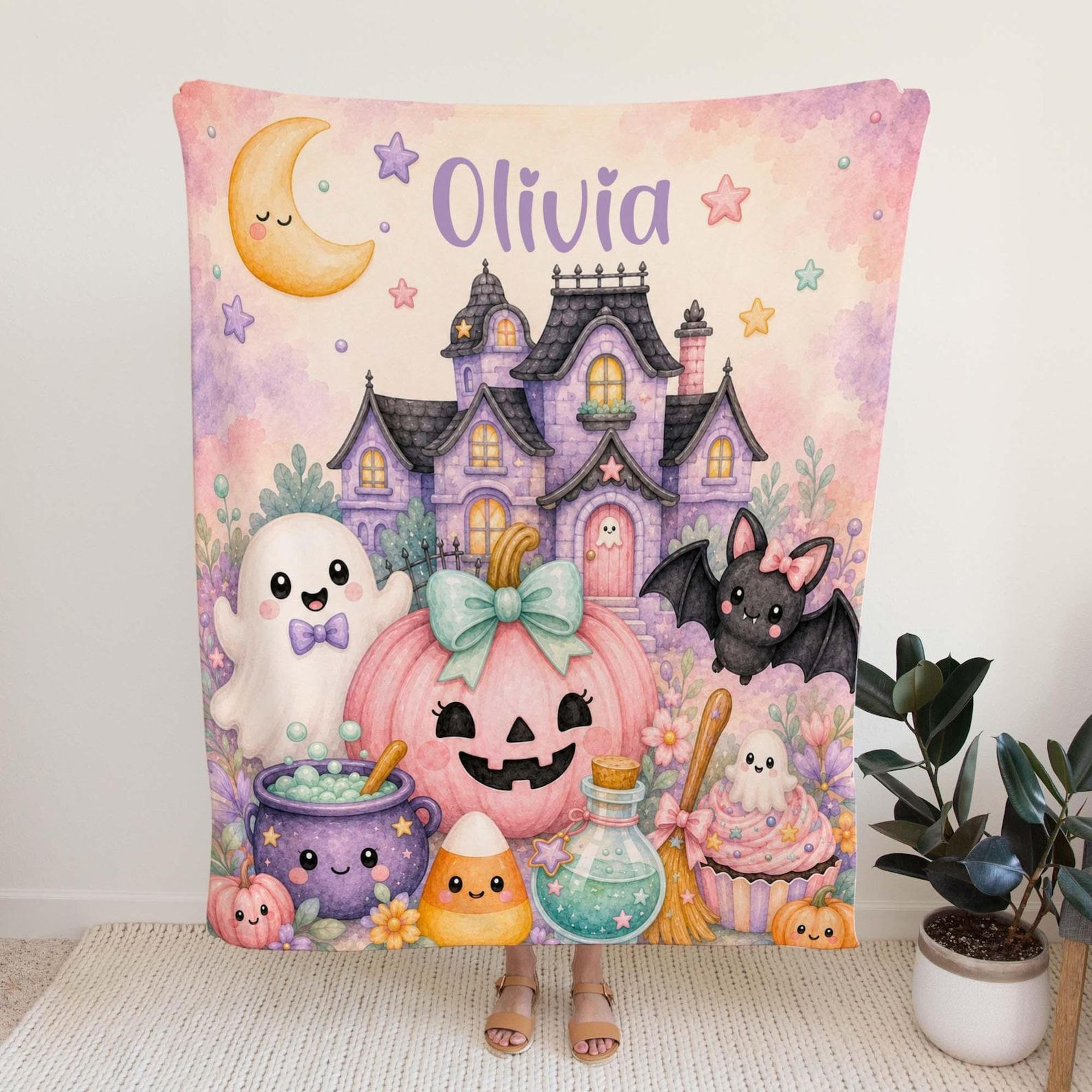 personalized halloween baby sherpa blanket, little pumpkin ghost blanket, custom name first halloween gift, spooky nurse