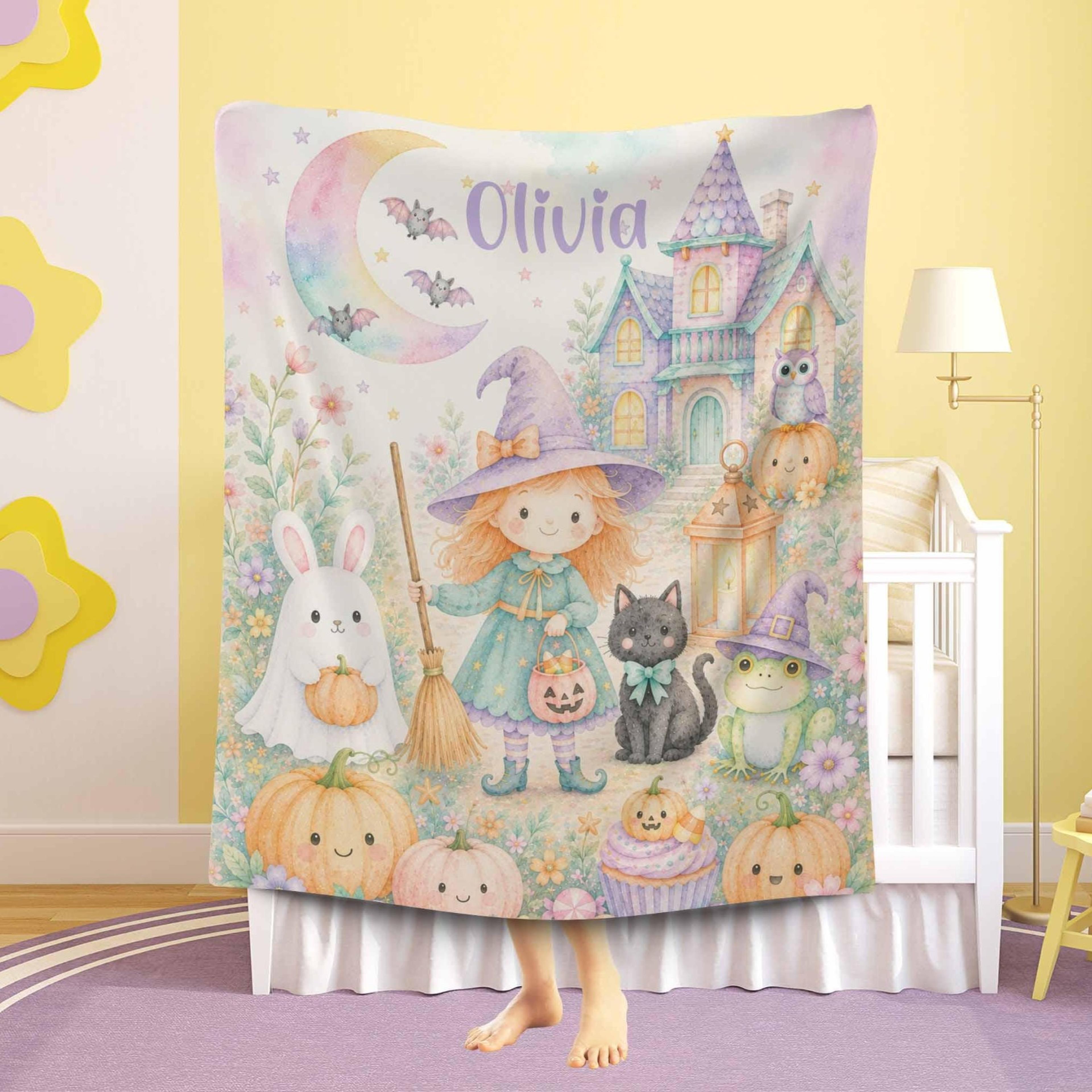 personalized halloween girl sherpa blanket, princess witch blanket, custom name baby girl halloween gift, spooky nursery