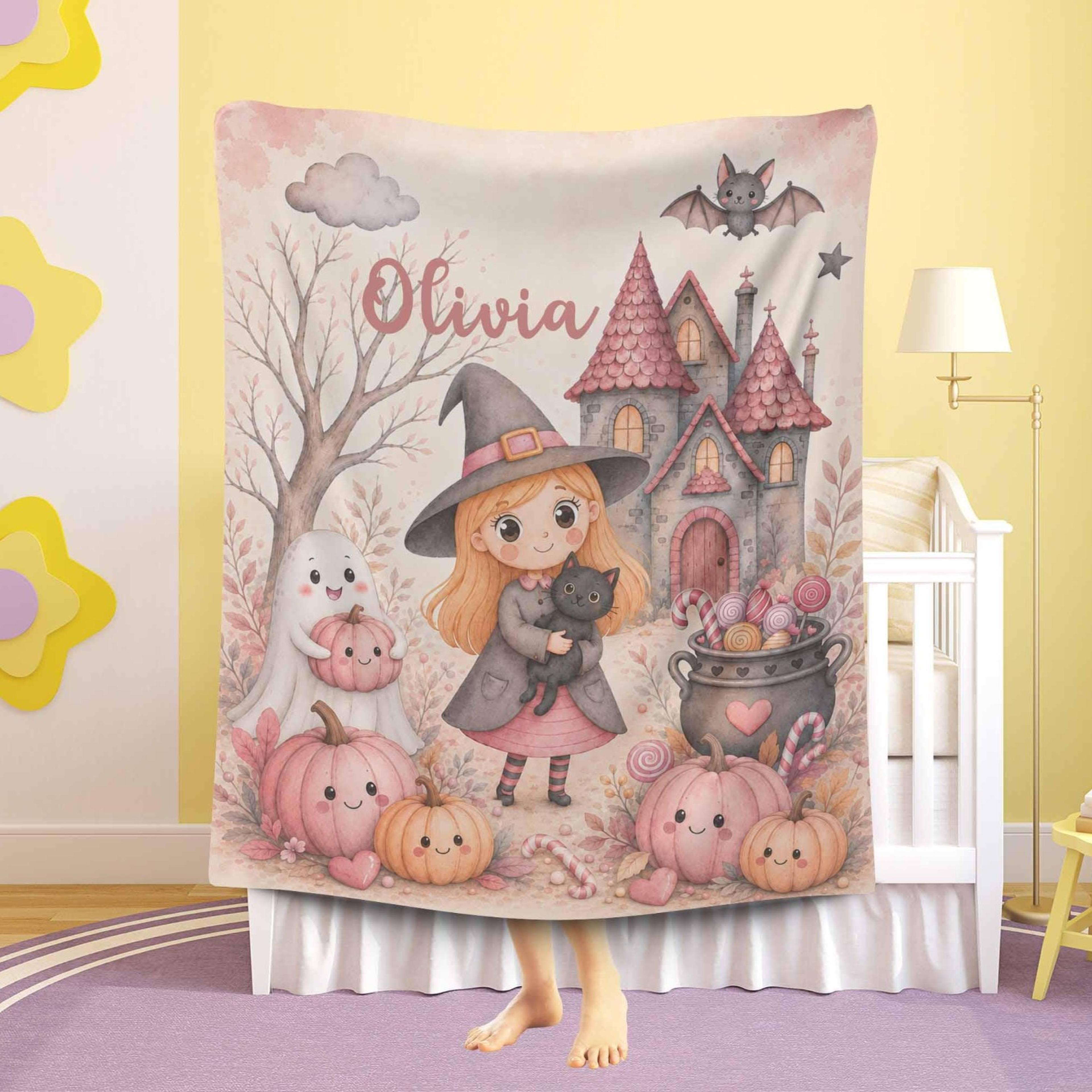 personalized halloween girl sherpa blanket, little witch blanket, custom name baby girl halloween gift, spooky nursery