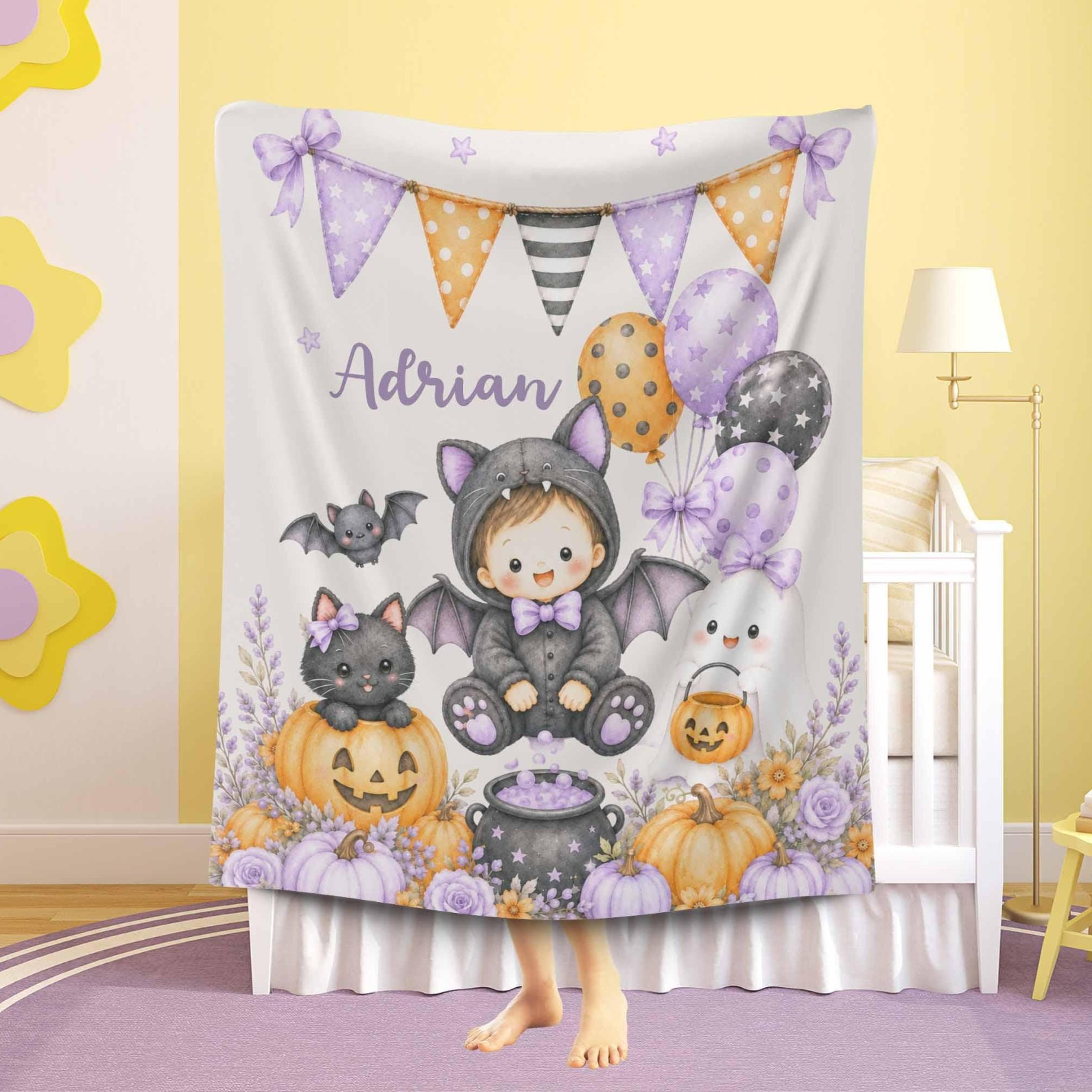 personalized halloween baby sherpa blanket, bat costume blanket, custom name first halloween gift, spooky nursery decor