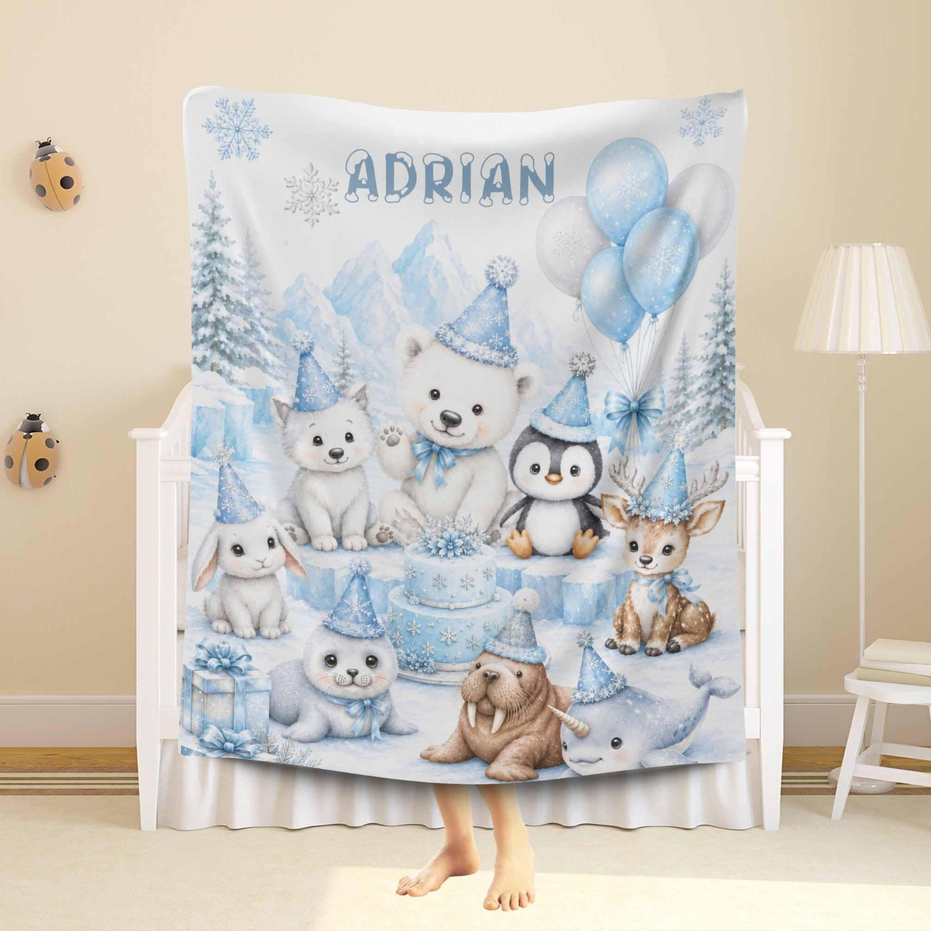 personalized arctic animal sherpa blanket, first birthday baby blanket, custom name polar bear blanket, winter nursery