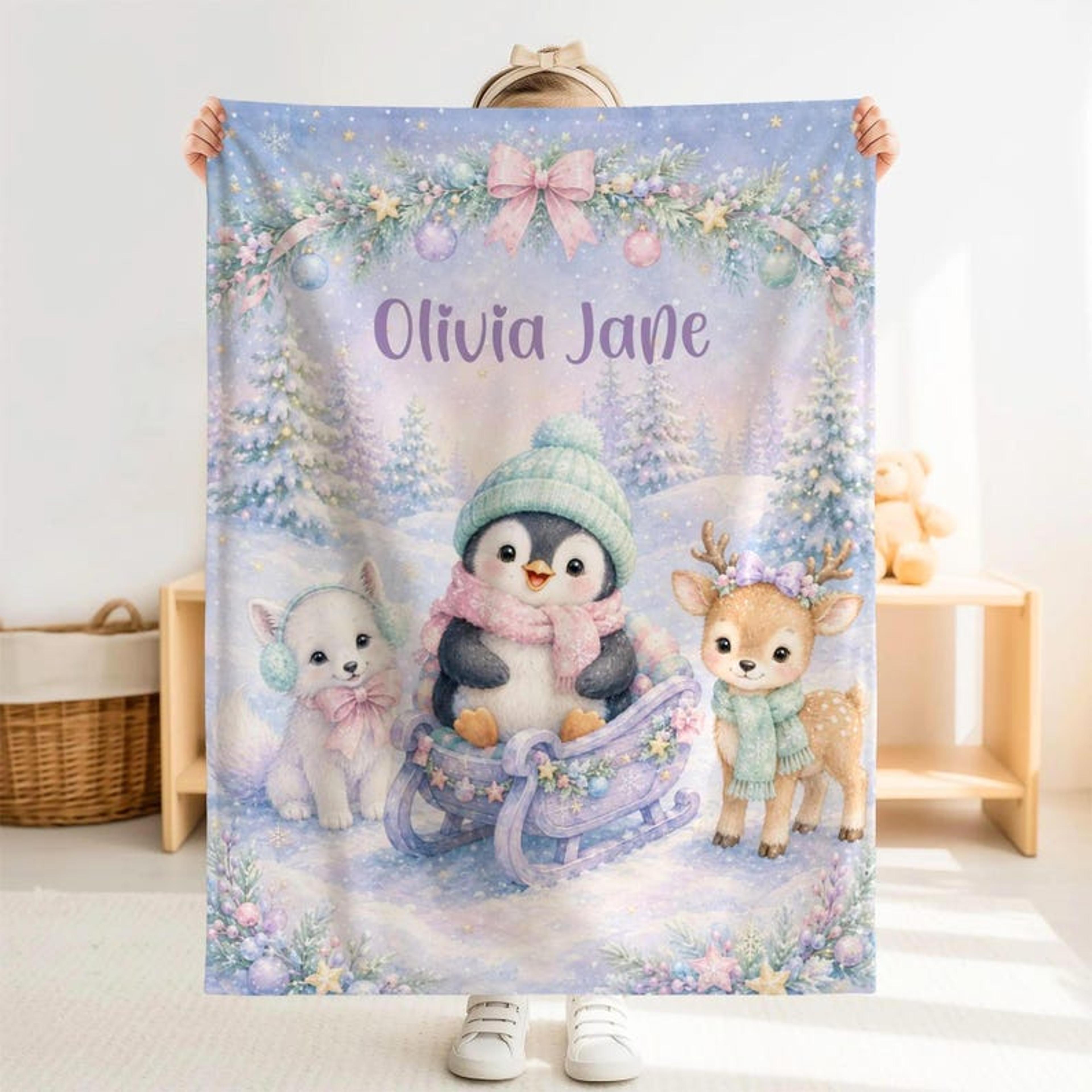 personalized penguin christmas sherpa blanket, winter wonderland baby blanket, custom name first christmas gift