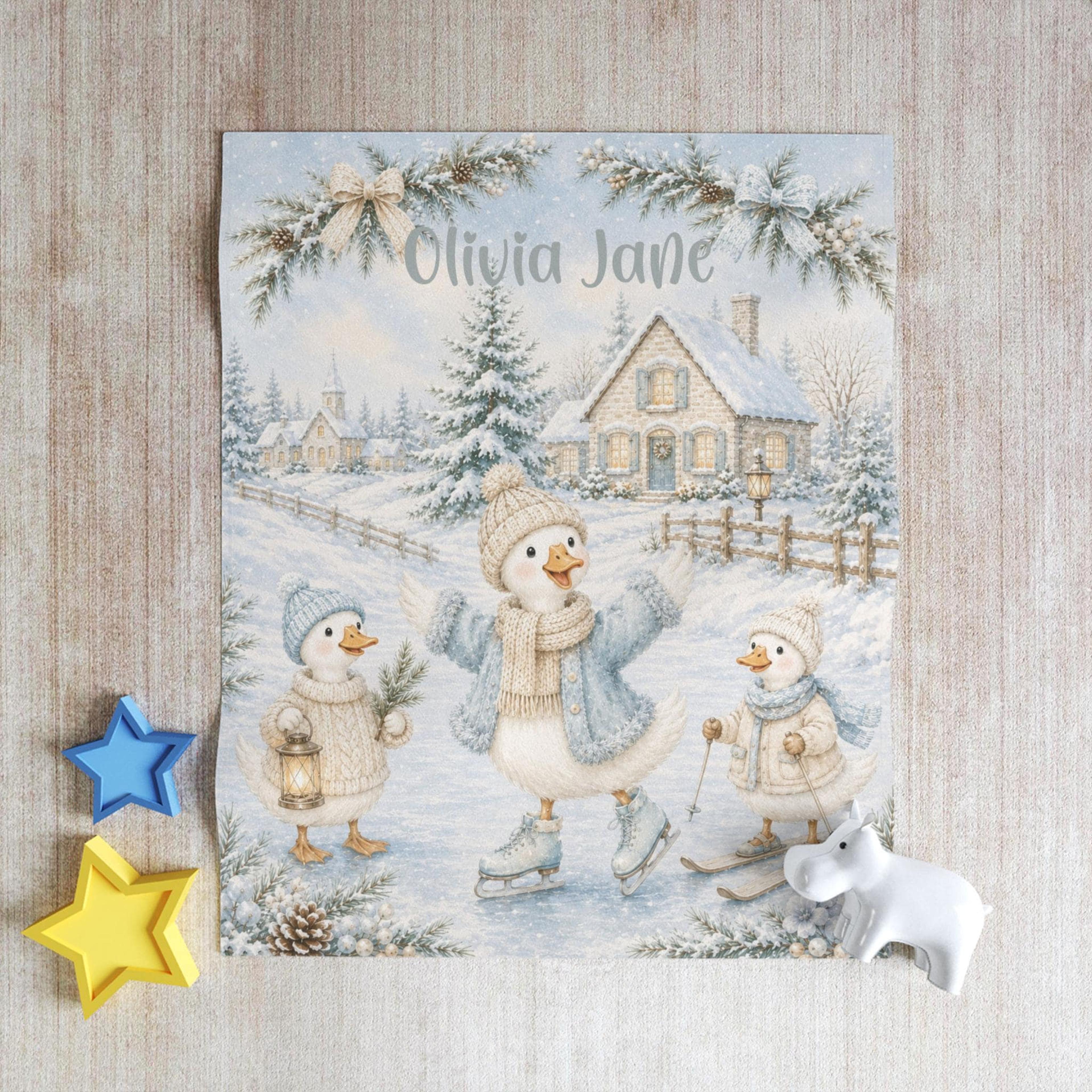 personalized winter goose sherpa blanket, baby snow goose blanket, custom name christmas gift, winter wonderland nursery