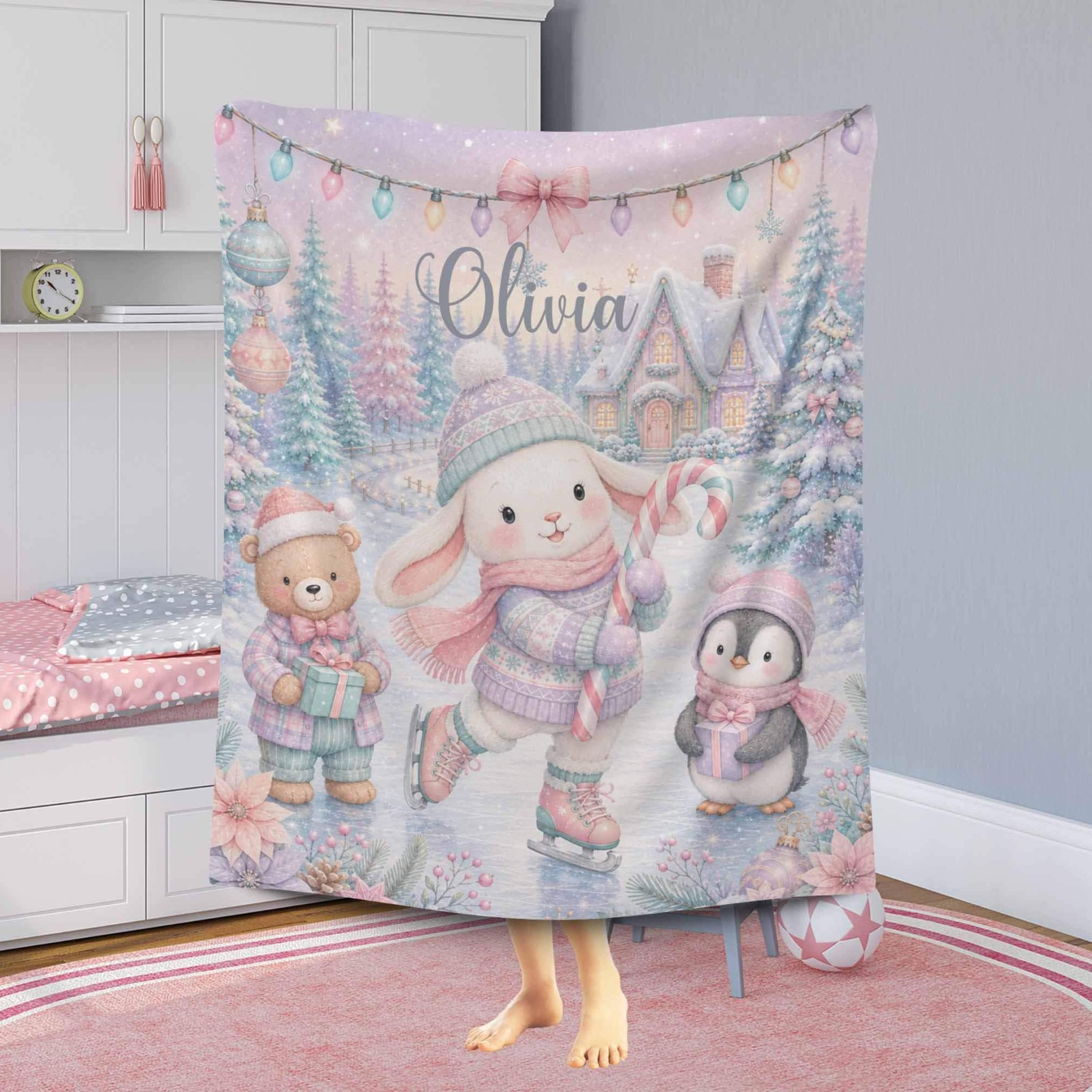 personalized christmas baby sherpa blanket, ice skating bunny blanket, custom name winter wonderland gift, nursery decor