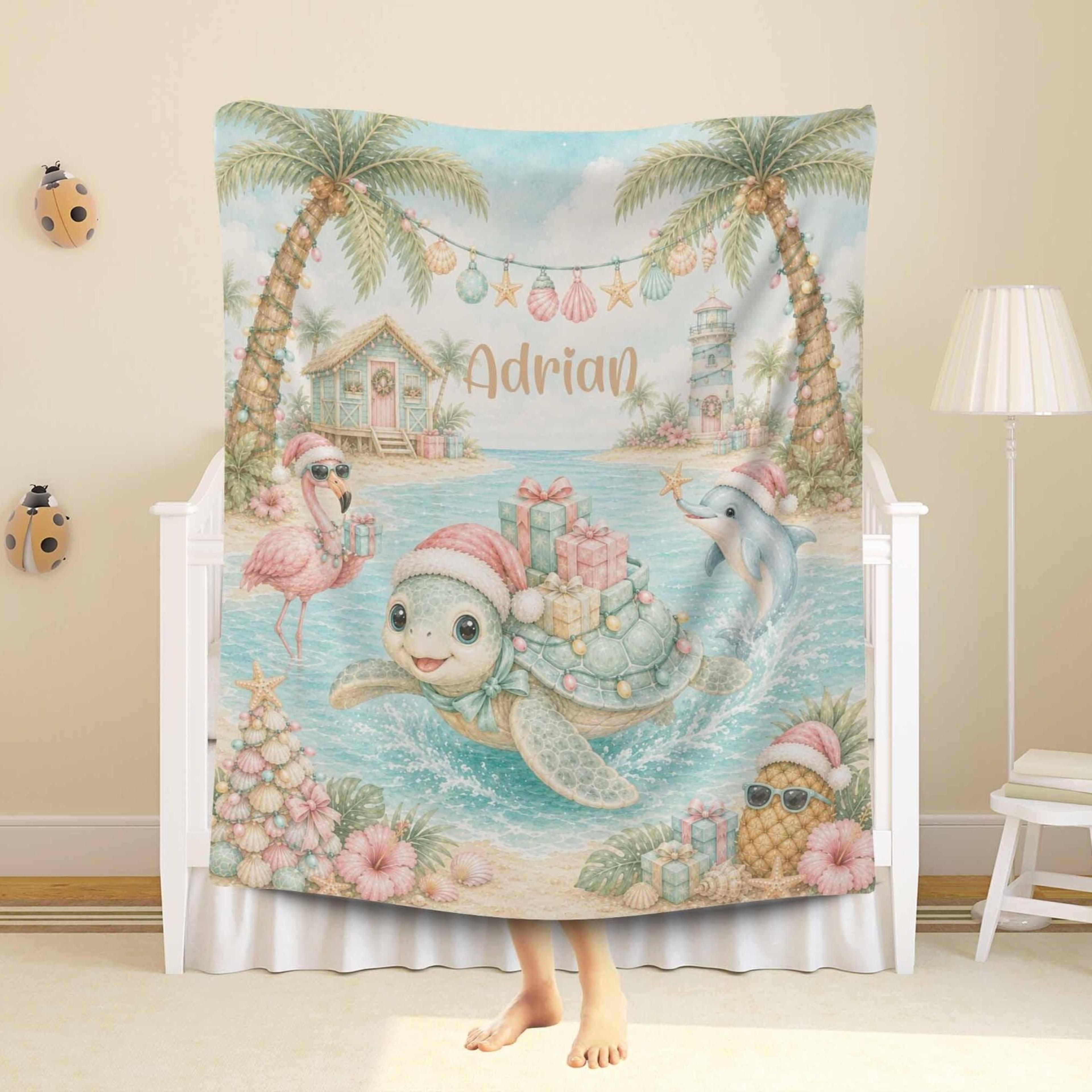 personalized summer christmas sherpa blanket, sea turtle baby blanket, custom name tropical holiday gift, beach nursery