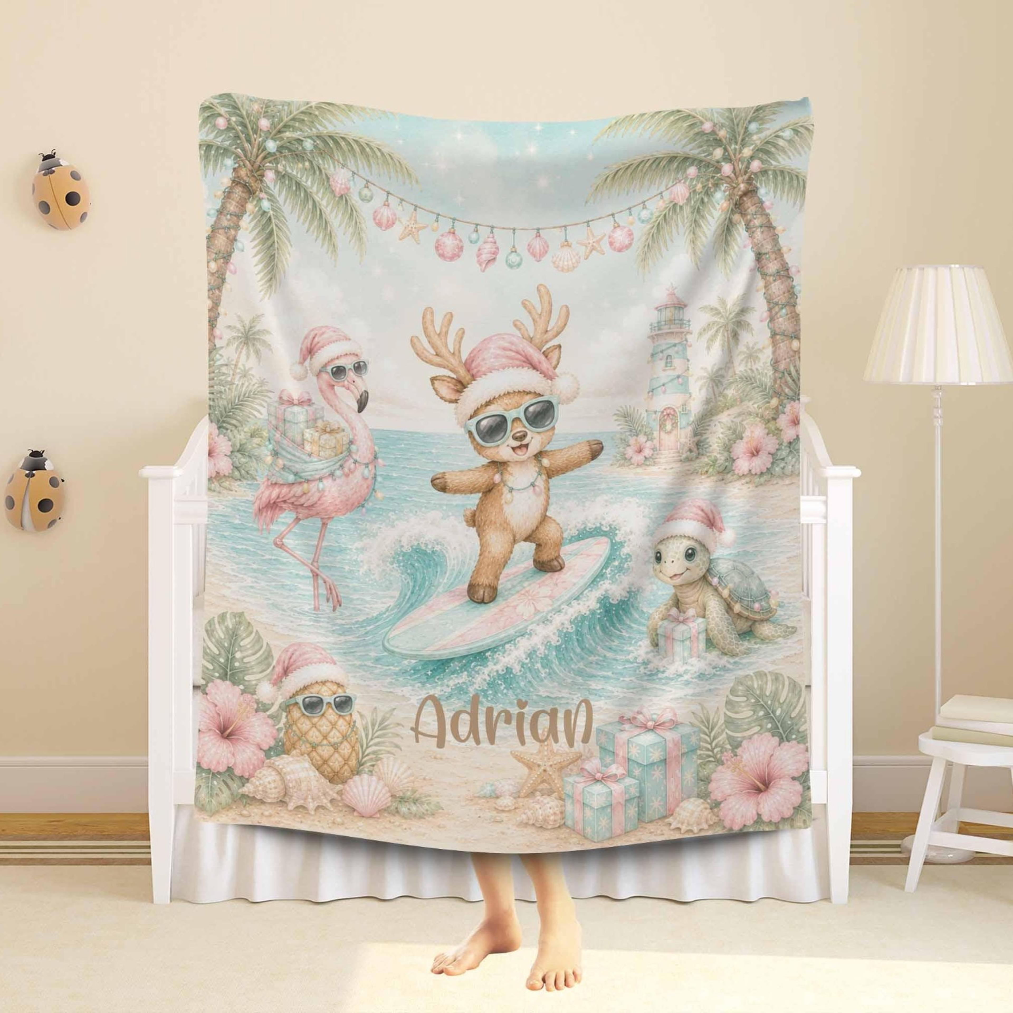personalized summer christmas sherpa blanket, surfing reindeer baby blanket, custom name tropical holiday gift