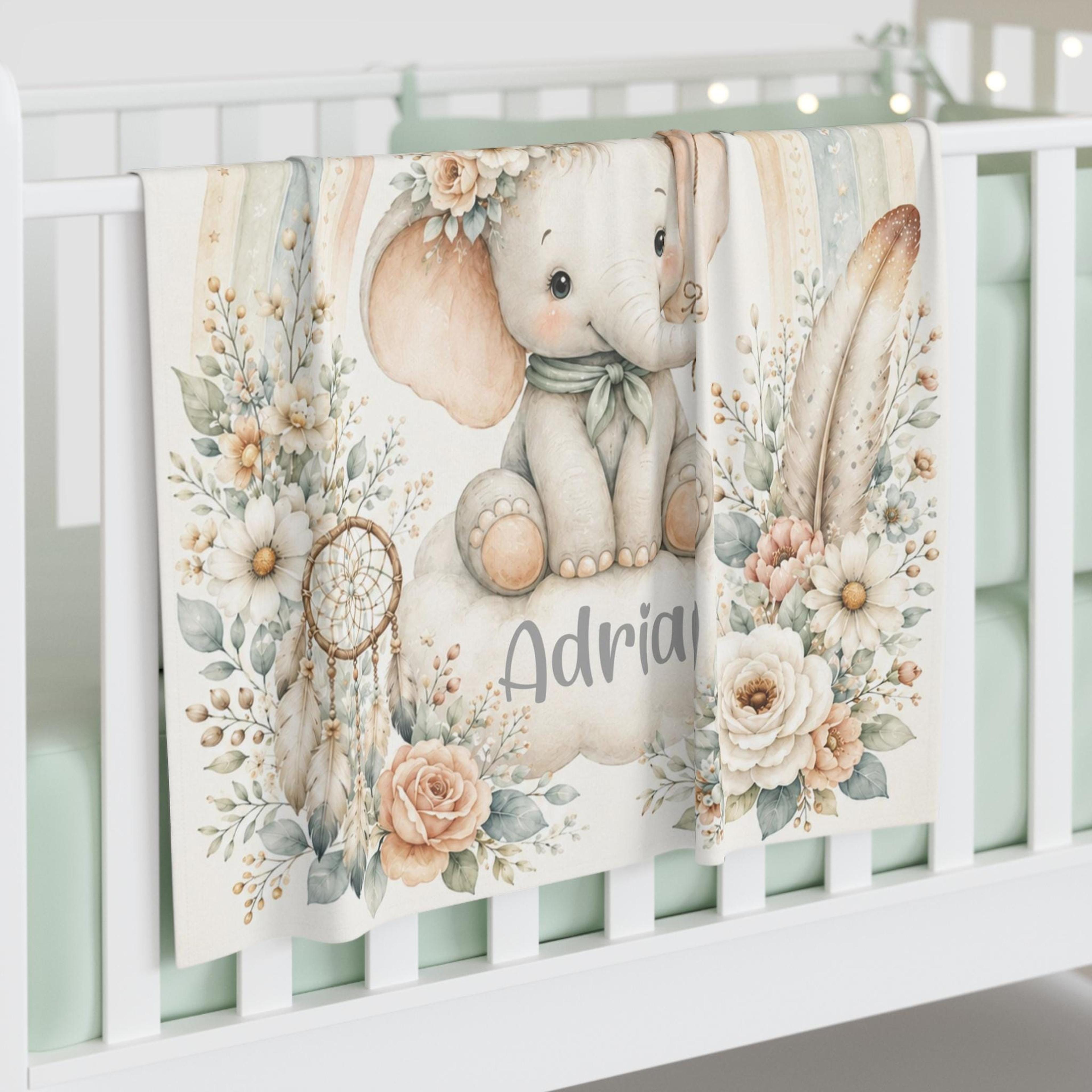personalized boho elephant sherpa blanket, custom name baby blanket, rainbow moon nursery gift, neutral baby shower keep