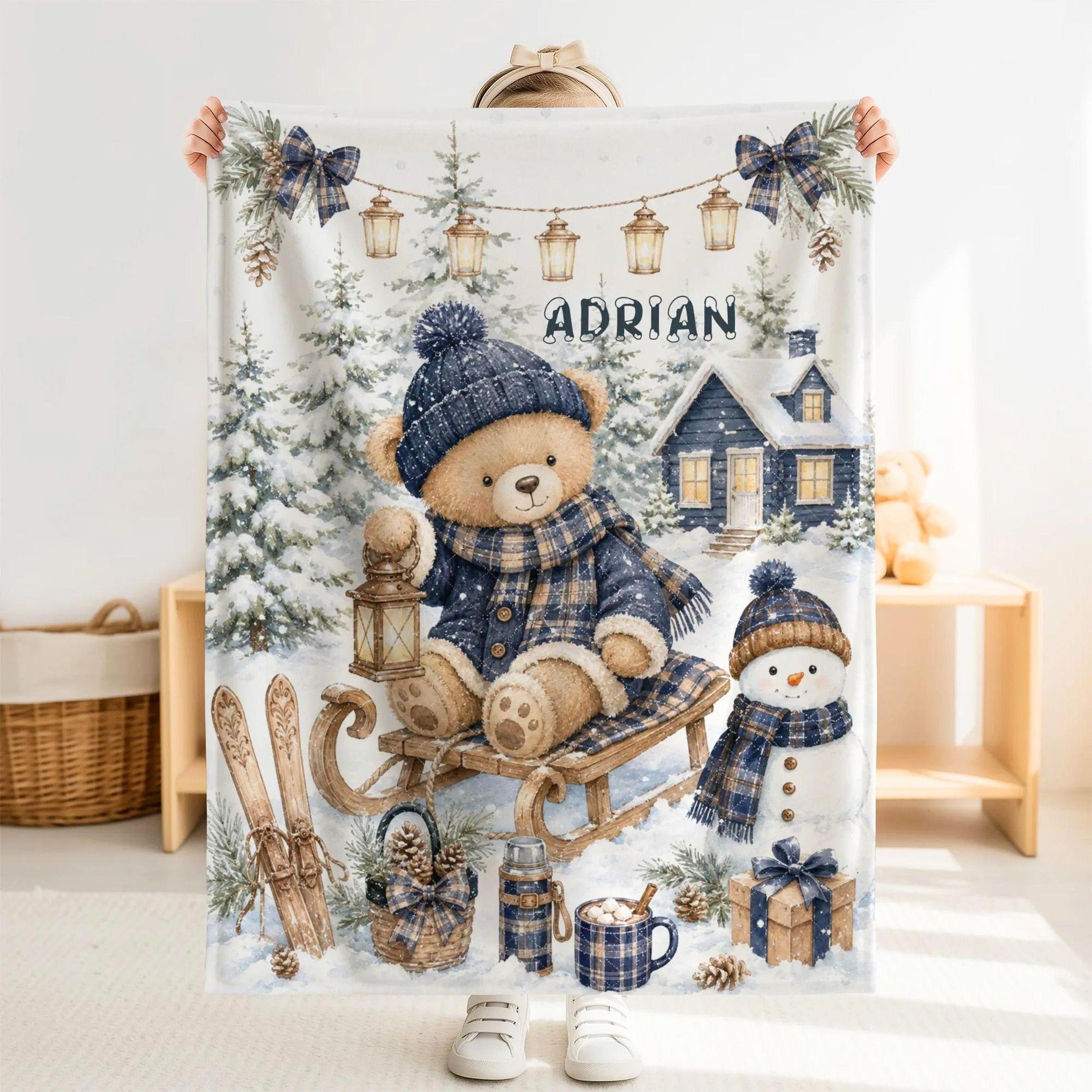 personalized winter teddy bear sherpa blanket, custom name baby blanket, navy plaid bear gift, christmas nursery decor