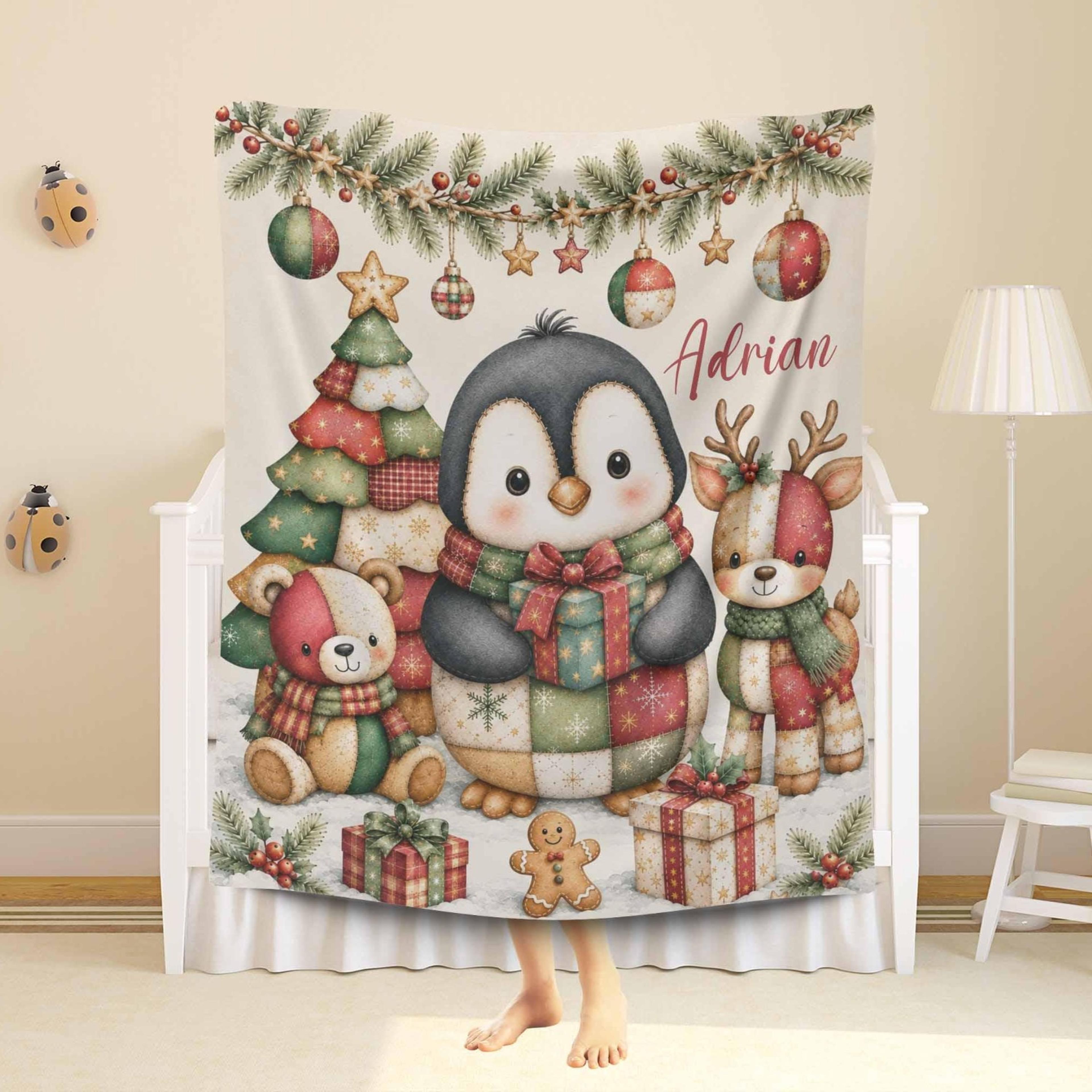 personalized christmas penguin sherpa blanket, custom name baby blanket, winter holiday nursery gift