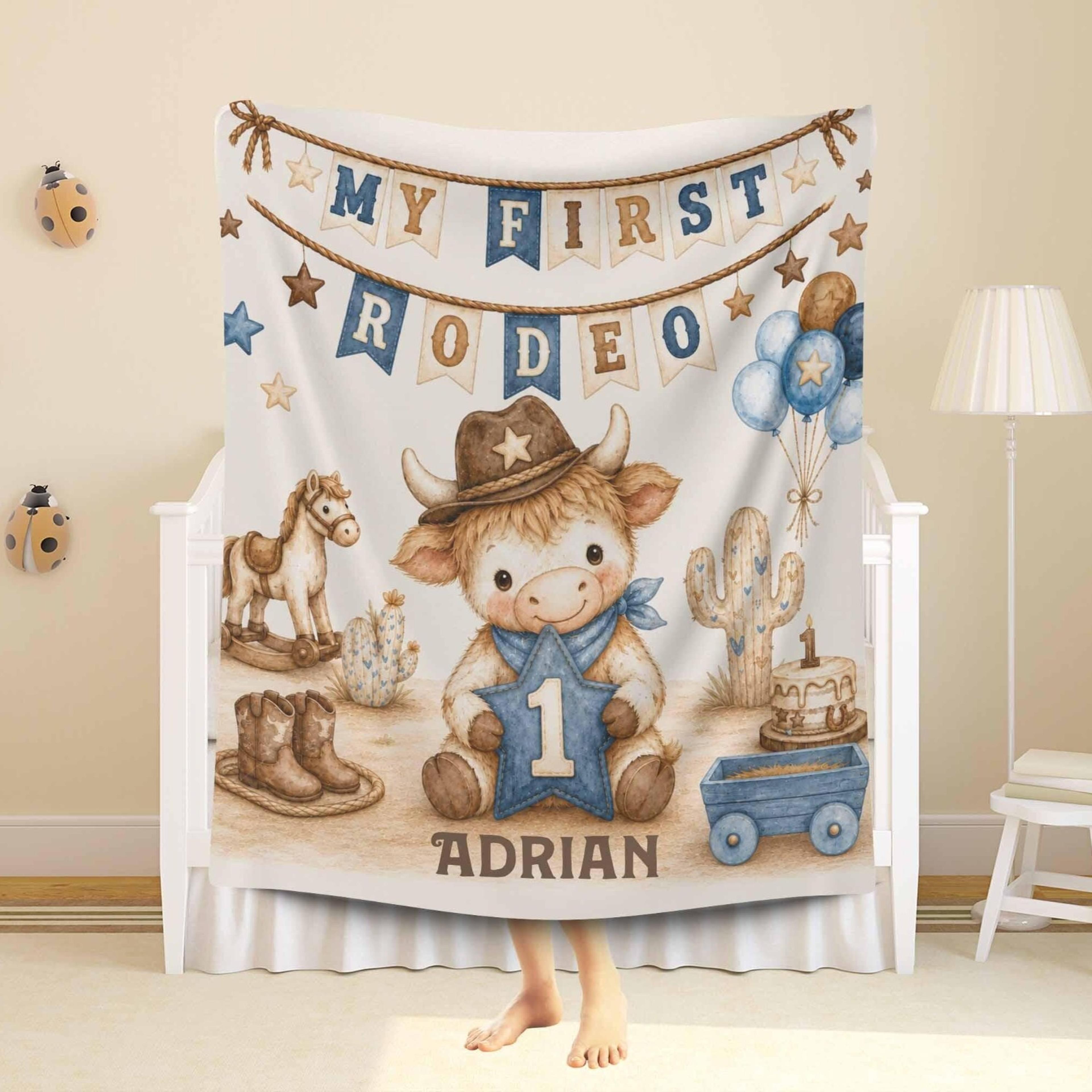 personalized highland cow sherpa blanket, first rodeo baby blanket, custom name cowboy gift, western nursery decor