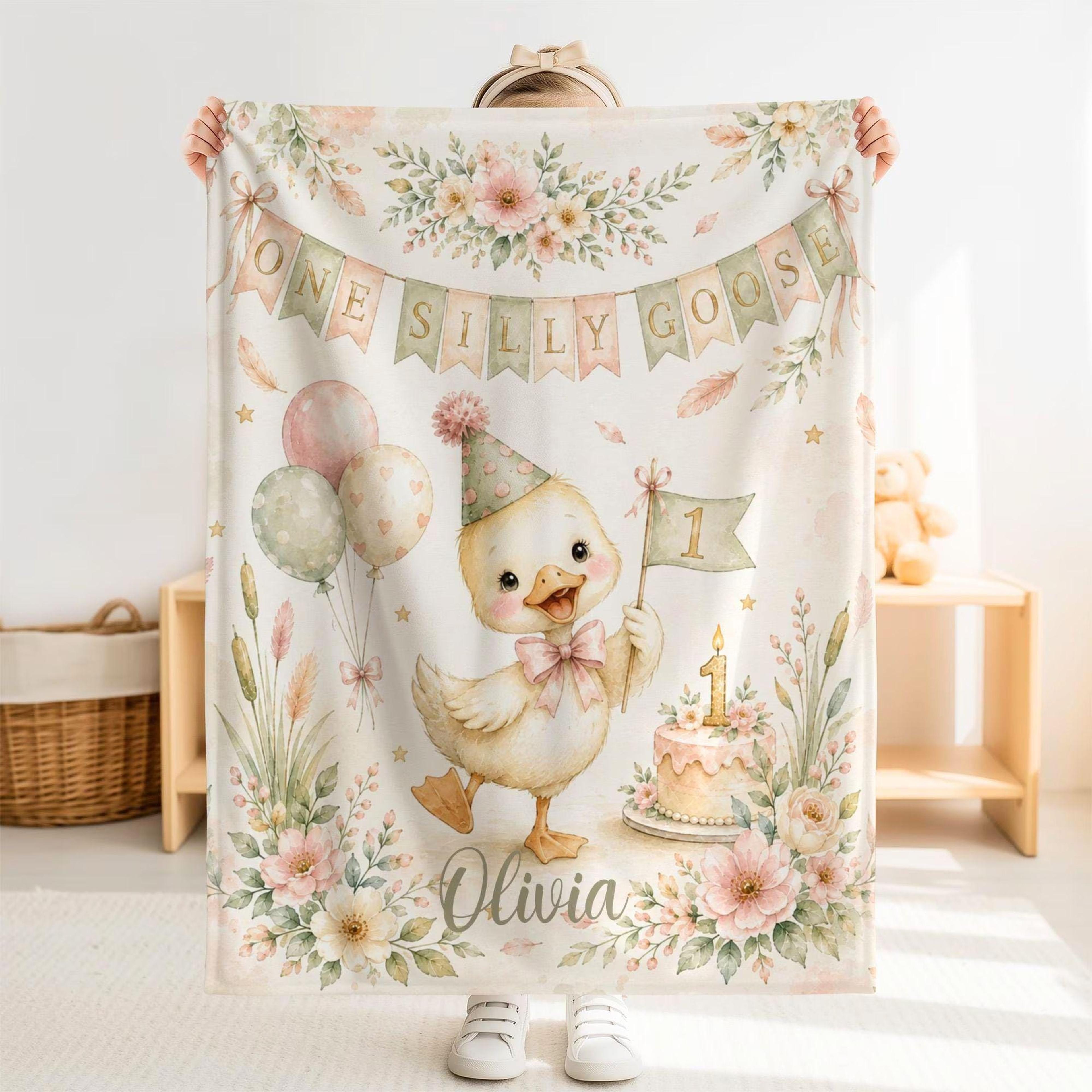 personalized silly goose sherpa blanket, one silly goose first birthday gift, custom name baby blanket, goose nursery