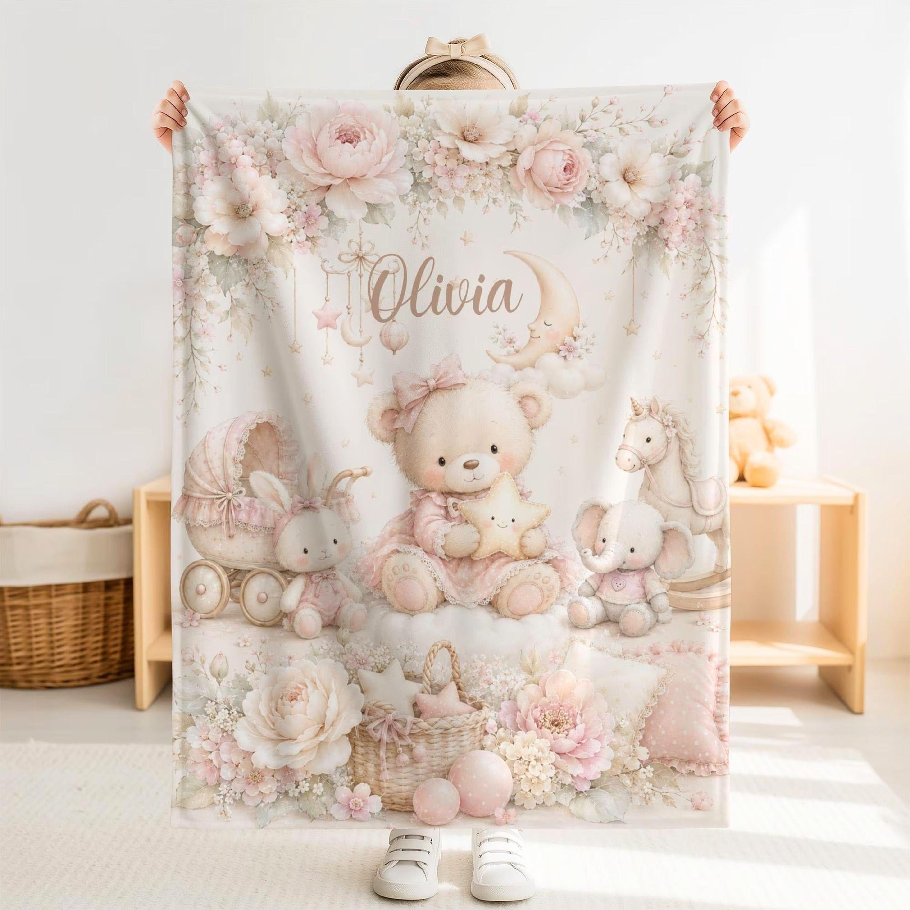 personalized pink teddy bear sherpa blanket, custom name baby girl blanket, floral nursery gift, baby shower keepsake