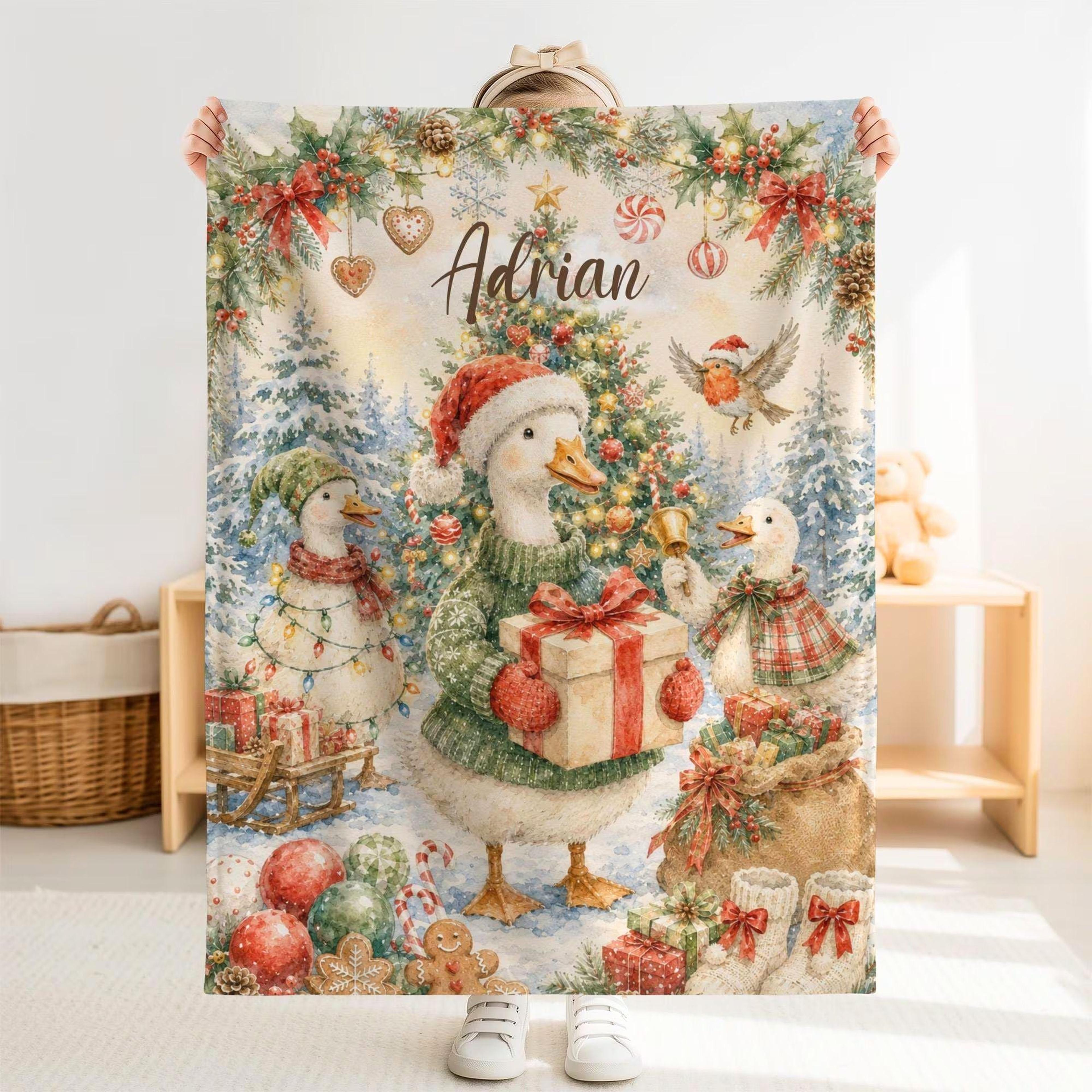 personalized christmas goose baby blanket, custom name minky blanket, winter nursery gift, holiday baby keepsake