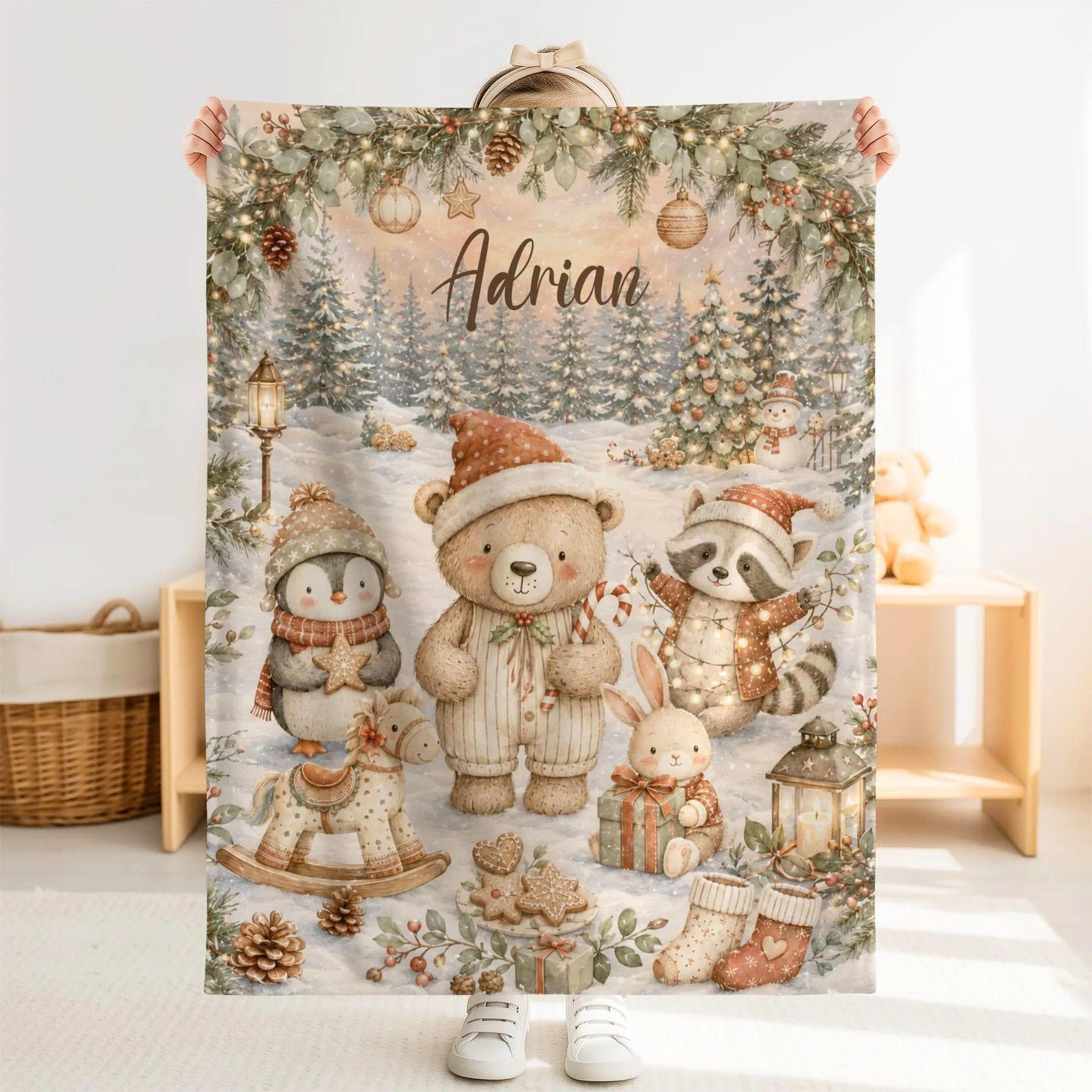 personalized christmas woodland animal baby blanket, custom name minky blanket, winter nursery gift, holiday keepsake