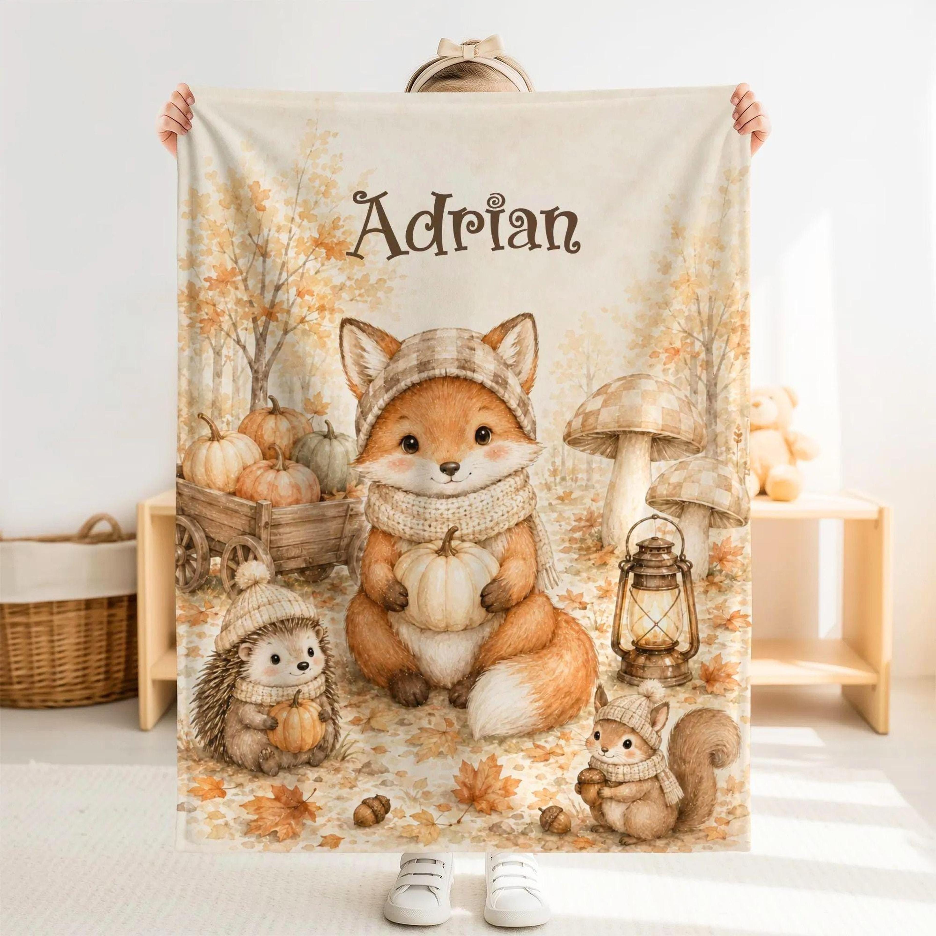 personalized autumn fox baby blanket, custom name minky blanket, woodland fall nursery gift, pumpkin baby keepsake