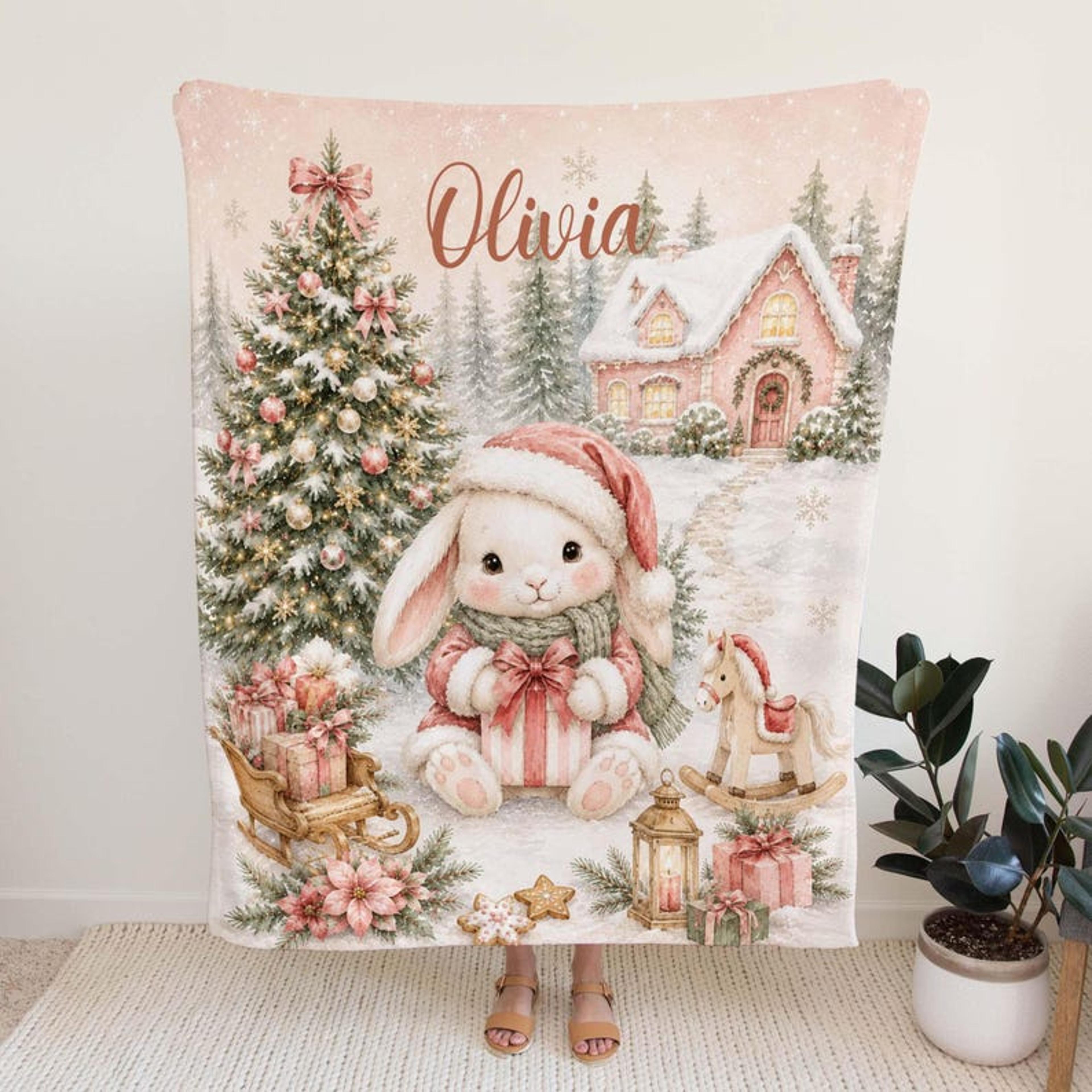personalized christmas bunny baby blanket, custom name minky blanket, rabbit nursery gift, winter holiday keepsake