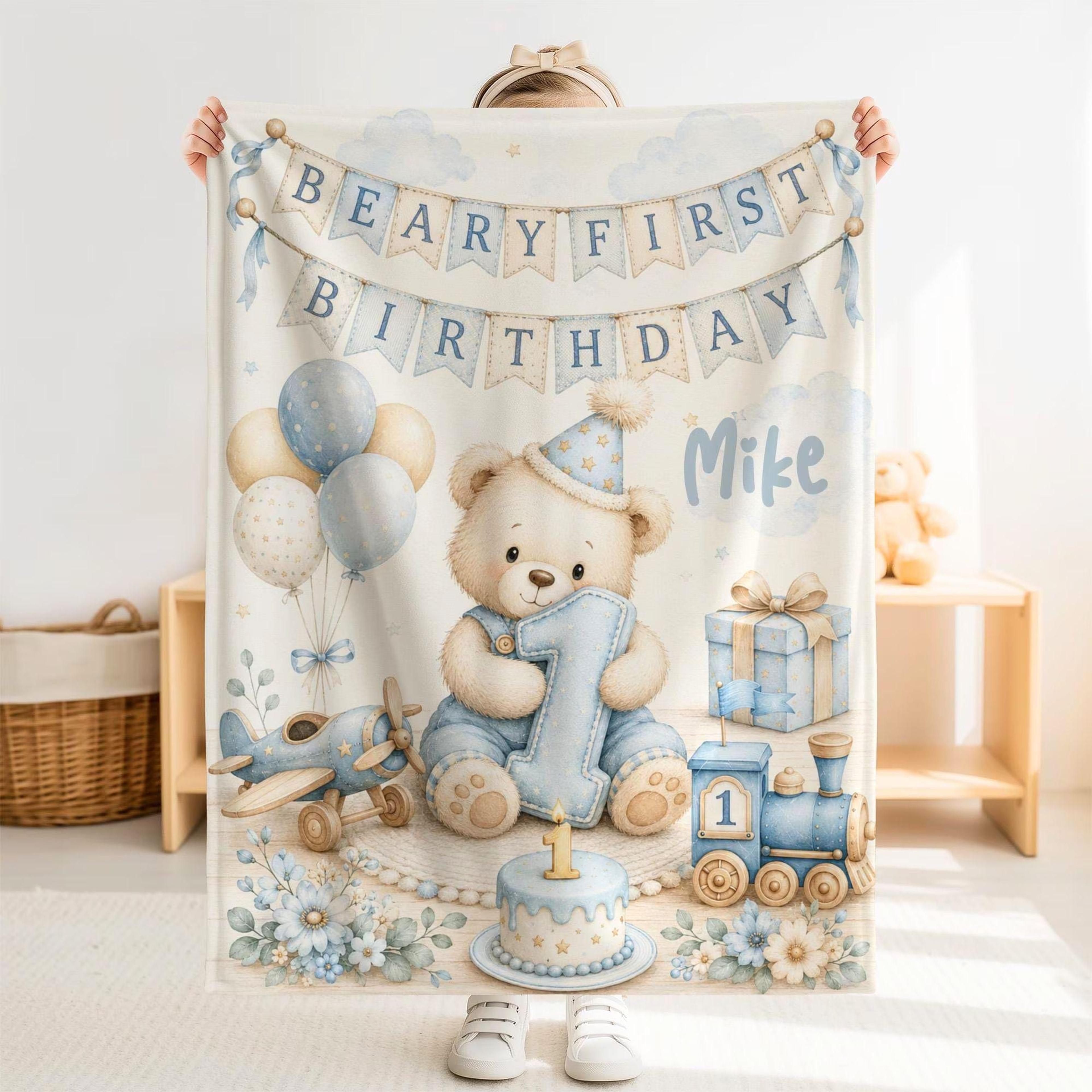 personalized beary first birthday baby blanket, custom name teddy bear minky blanket, baby boy birthday gift