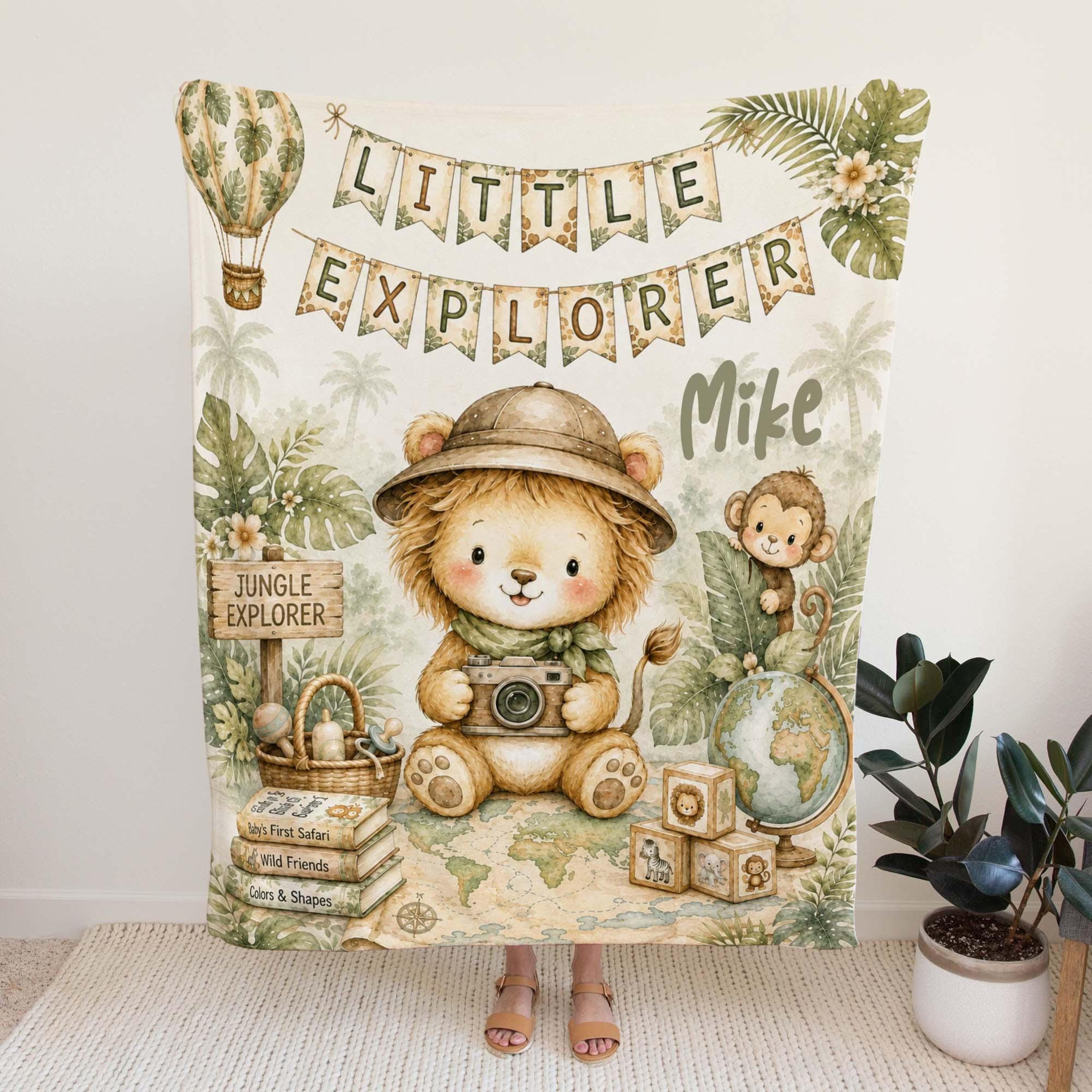 personalized little explorer lion baby blanket, custom name safari minky blanket, jungle nursery gift, baby boy keepsake