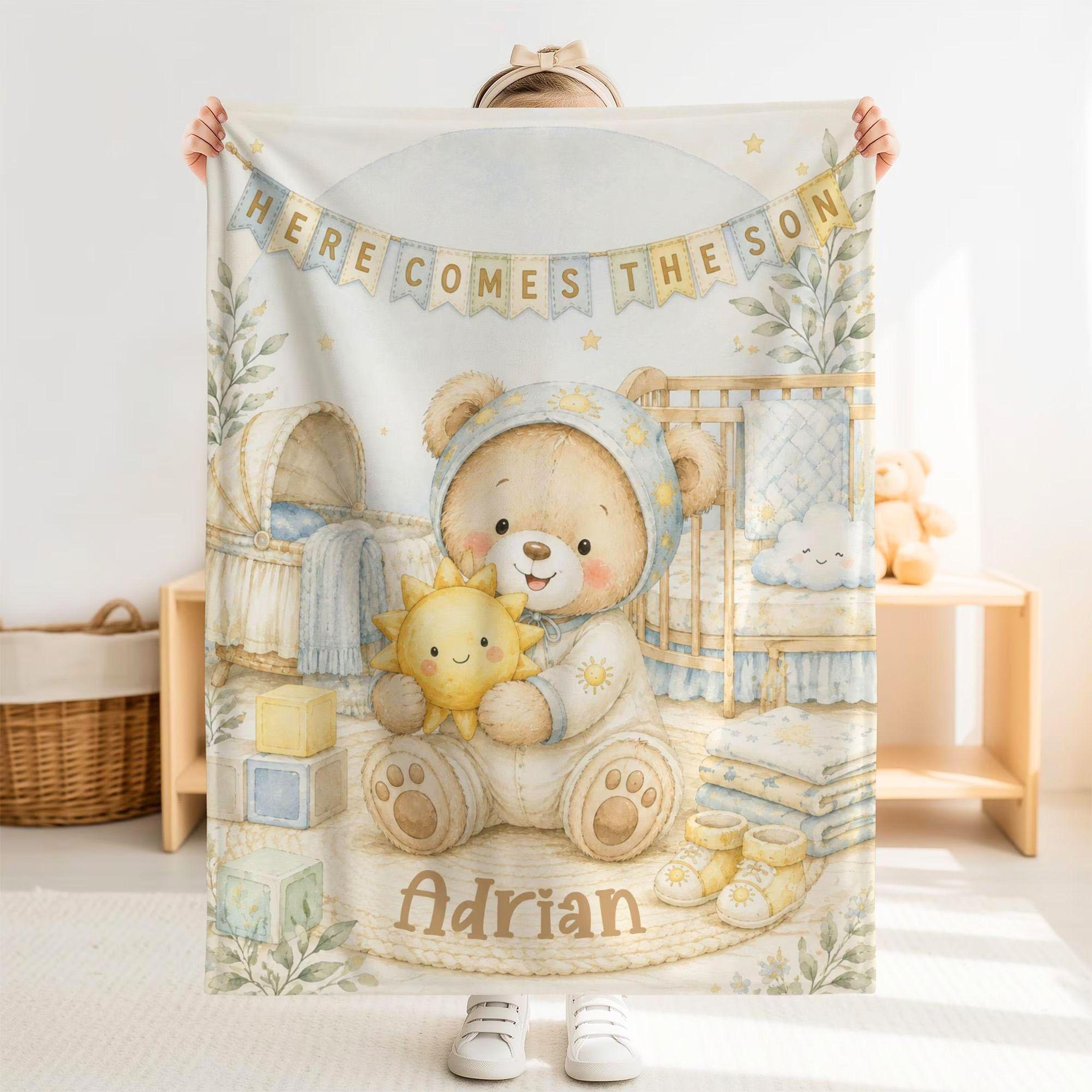personalized here comes the son baby blanket, custom name teddy bear minky blanket, blue nursery gift, baby boy keepsake