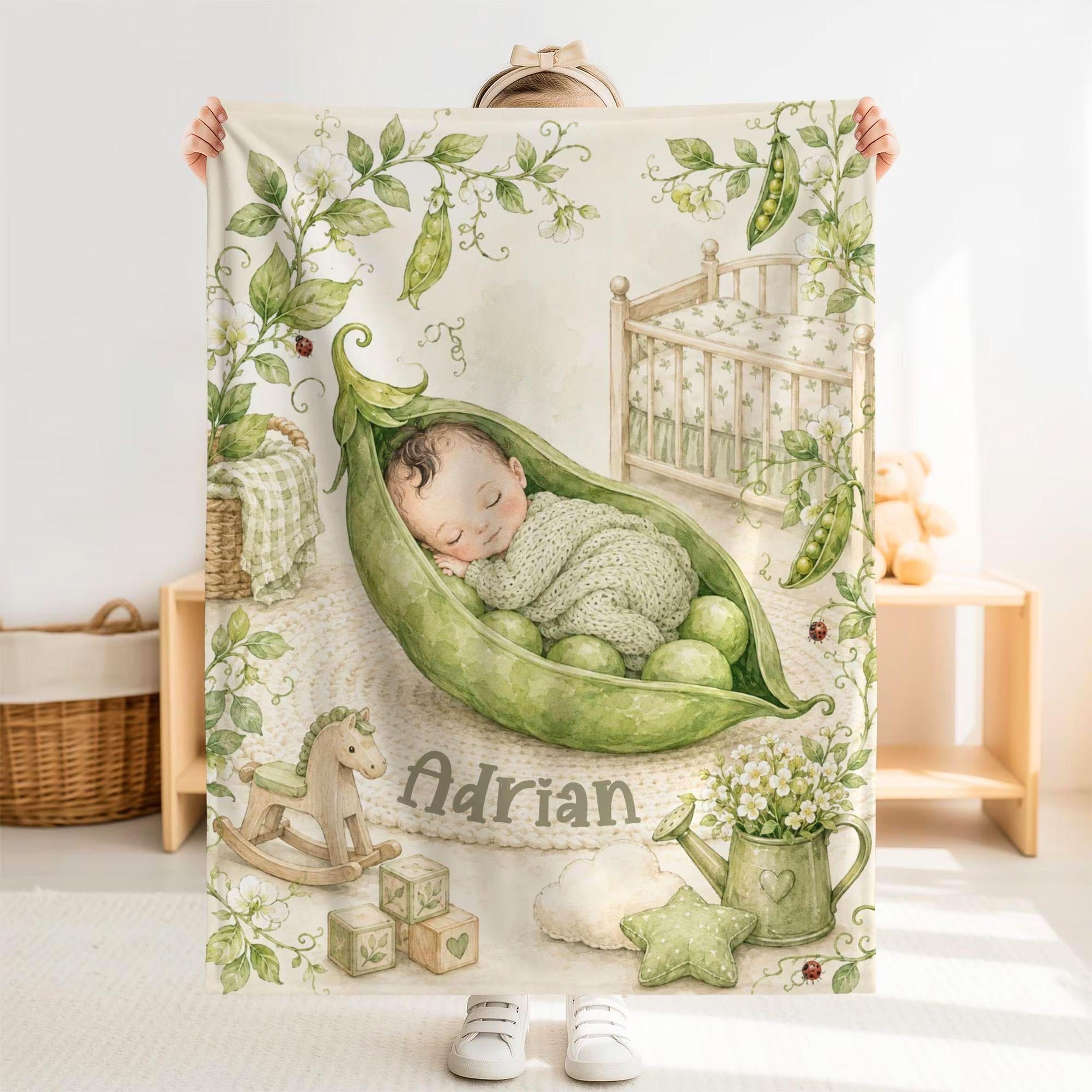 personalized sweet pea baby blanket, custom name minky blanket, pea pod nursery gift, gender neutral baby keepsake