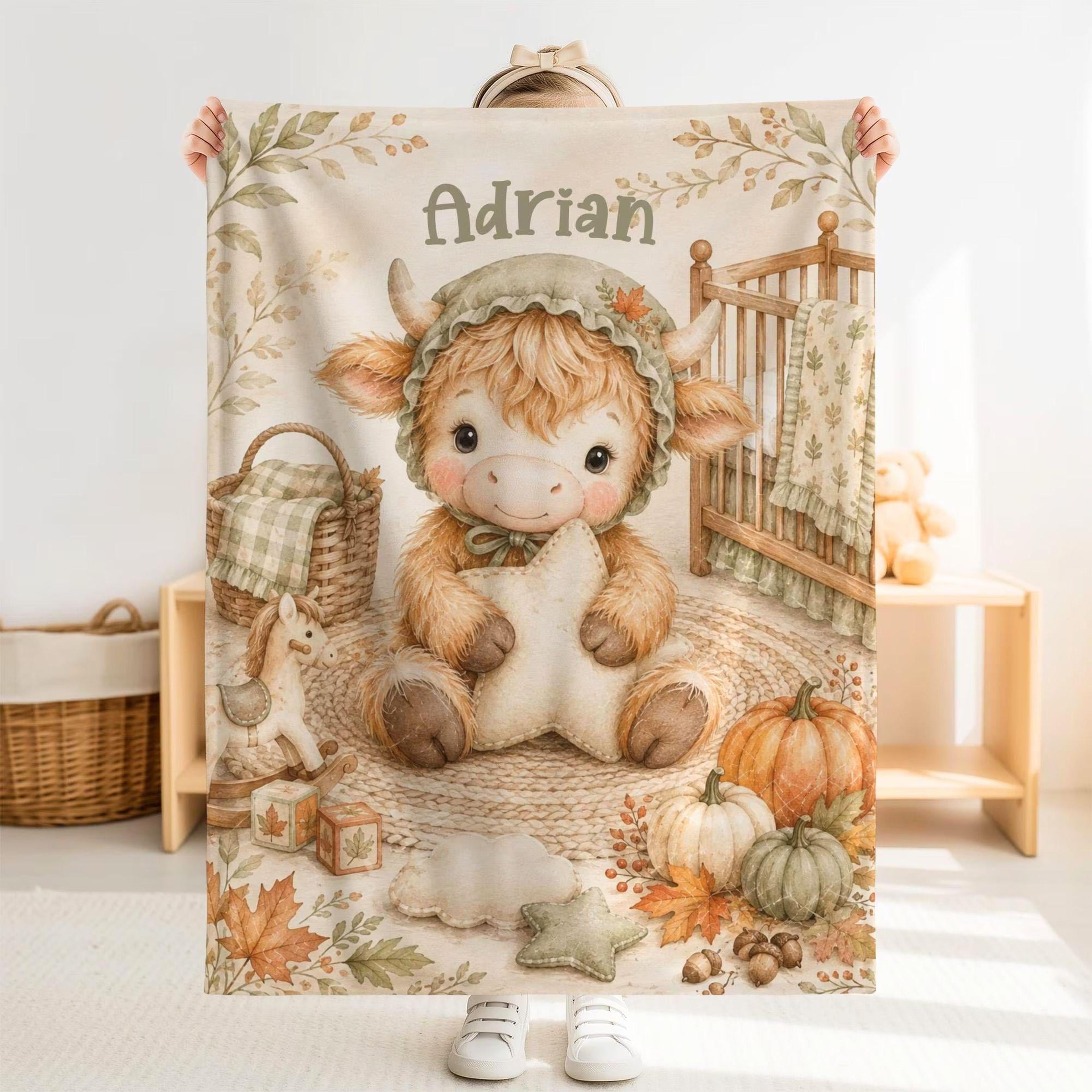 personalized highland cow baby blanket, custom name minky blanket, fall pumpkin nursery gift, farm animal keepsake