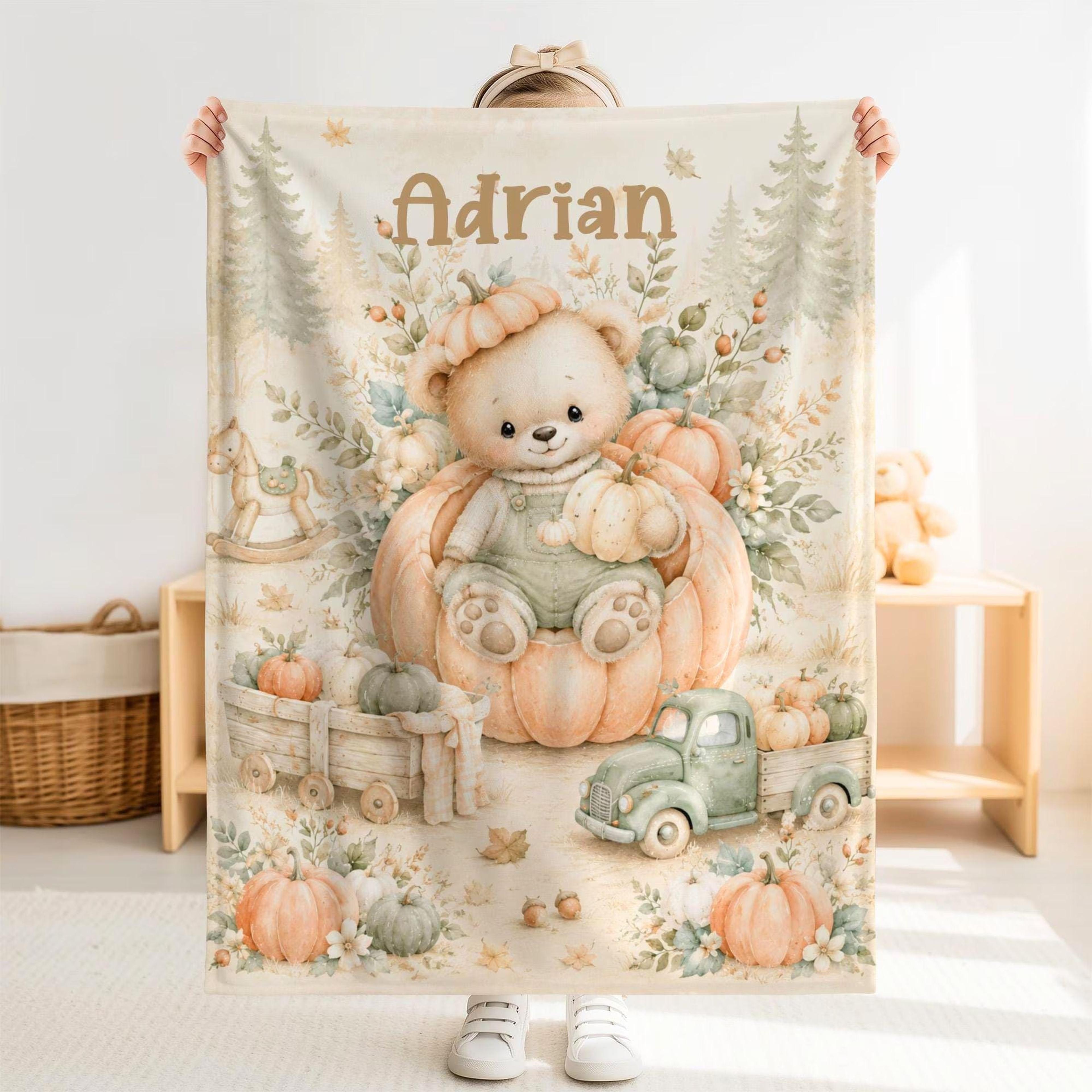 personalized little pumpkin baby blanket, custom name teddy bear minky blanket, fall nursery gift, autumn baby keepsake