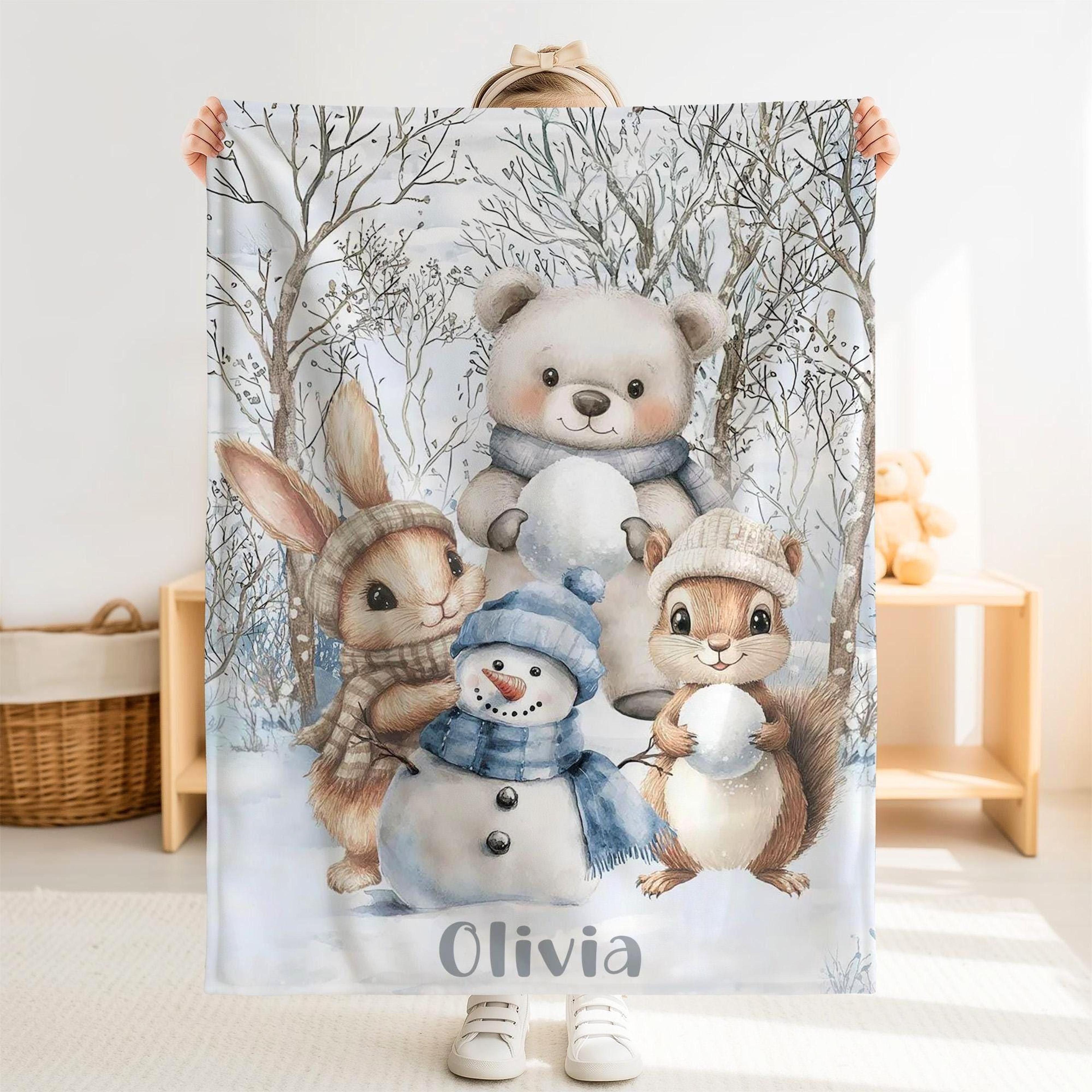 personalized winter woodland sherpa baby blanket, custom name baby blanket, snowman forest animal nursery christmas gift