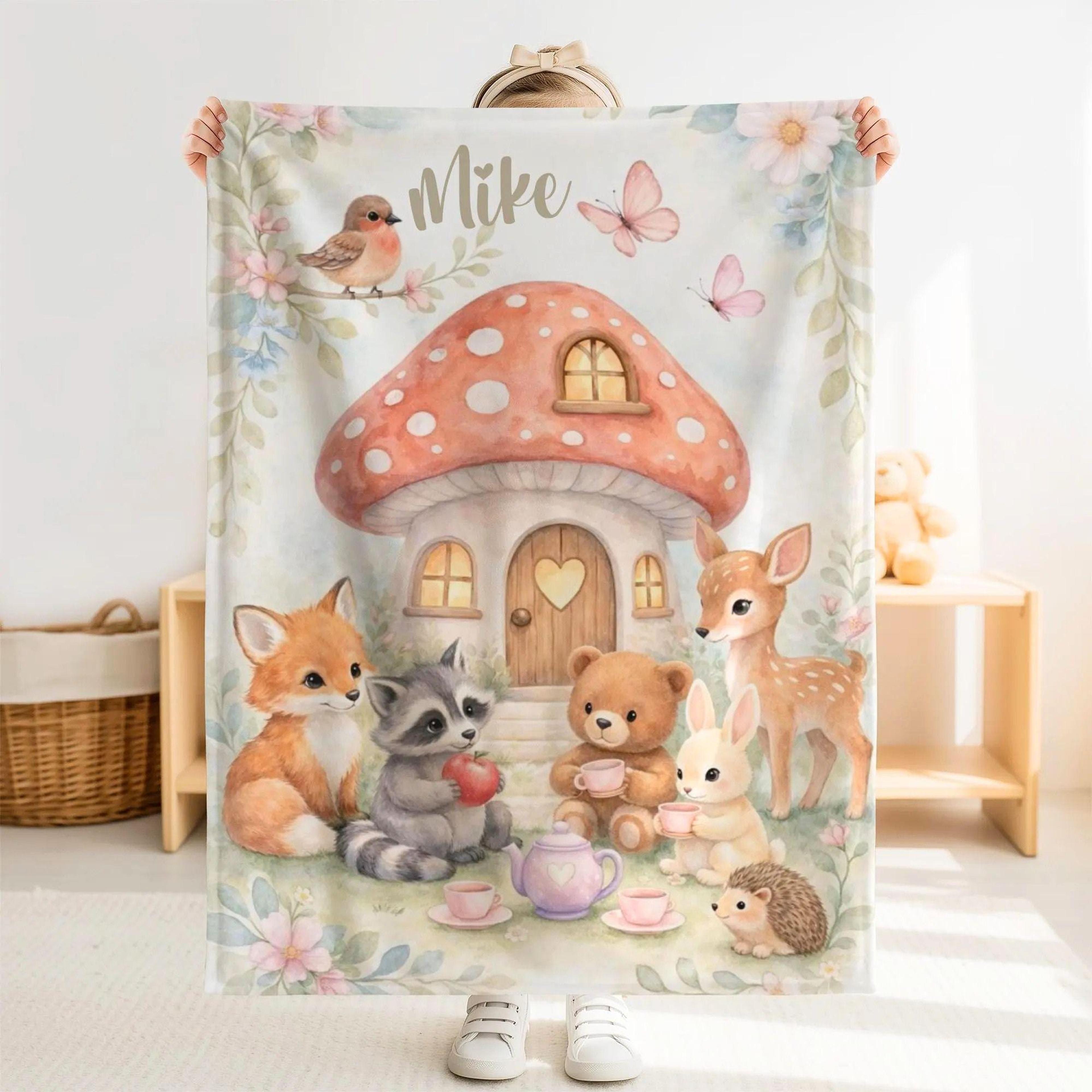 woodland animals sherpa baby blanket, forest mushroom nursery blanket, cute woodland animal baby shower christmas gift