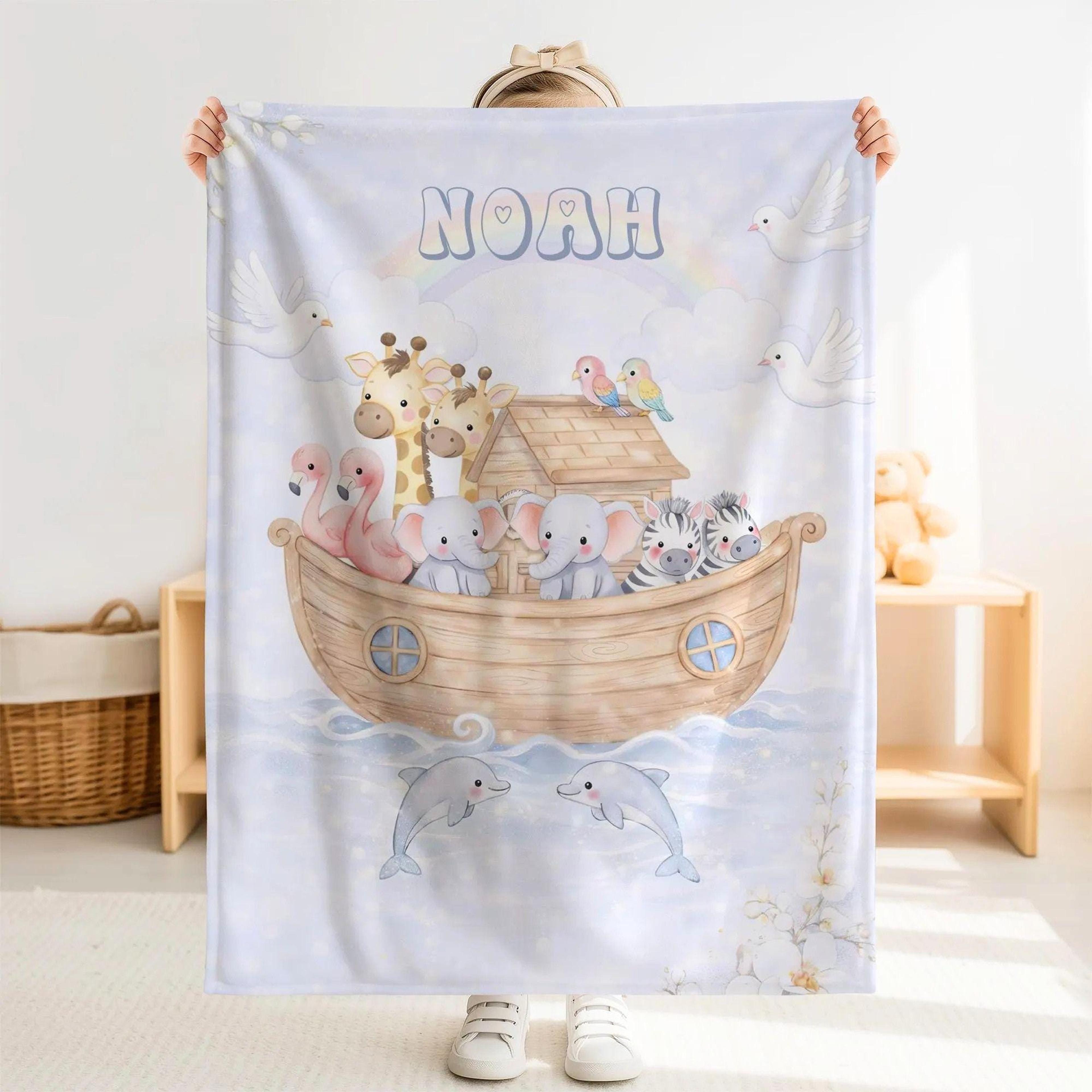 noah's ark sherpa baby blanket, personalized baby blanket, bible nursery blanket, baptism christening baby shower gift