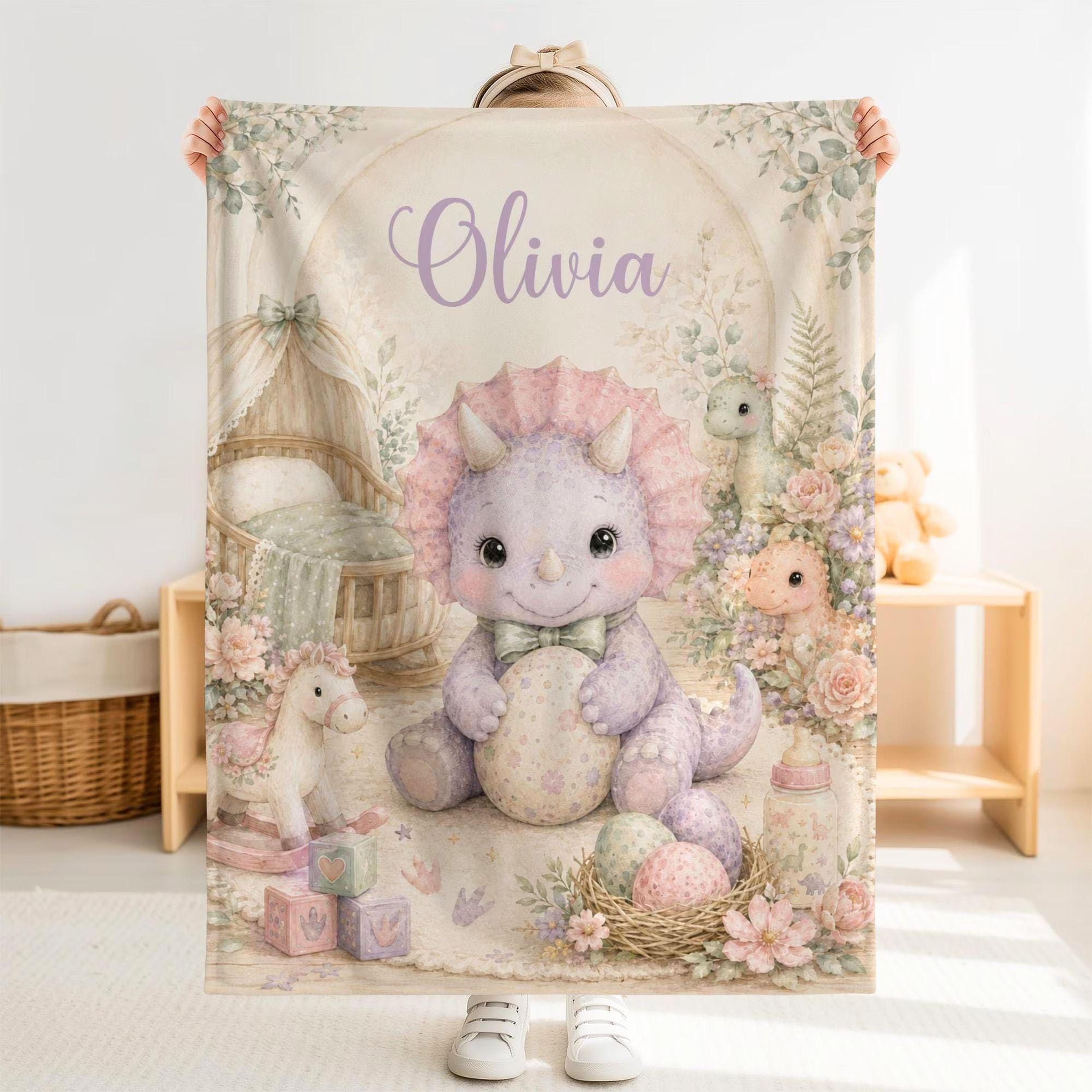 personalized dinosaur sherpa baby blanket, pink dino girl nursery blanket, custom name baby shower birthday gift