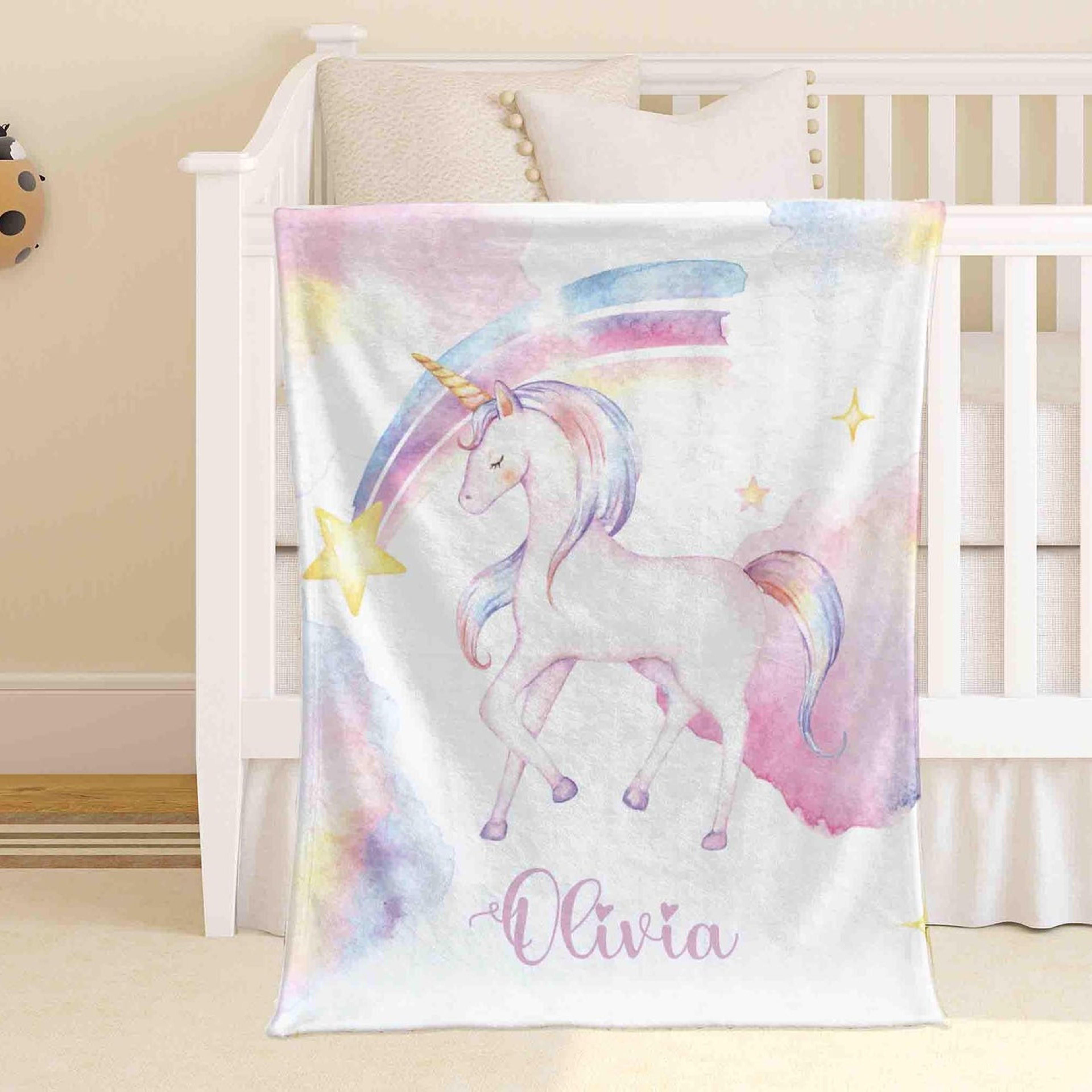 personalized unicorn sherpa baby blanket, pastel rainbow unicorn nursery blanket, custom name baby shower birthday gift