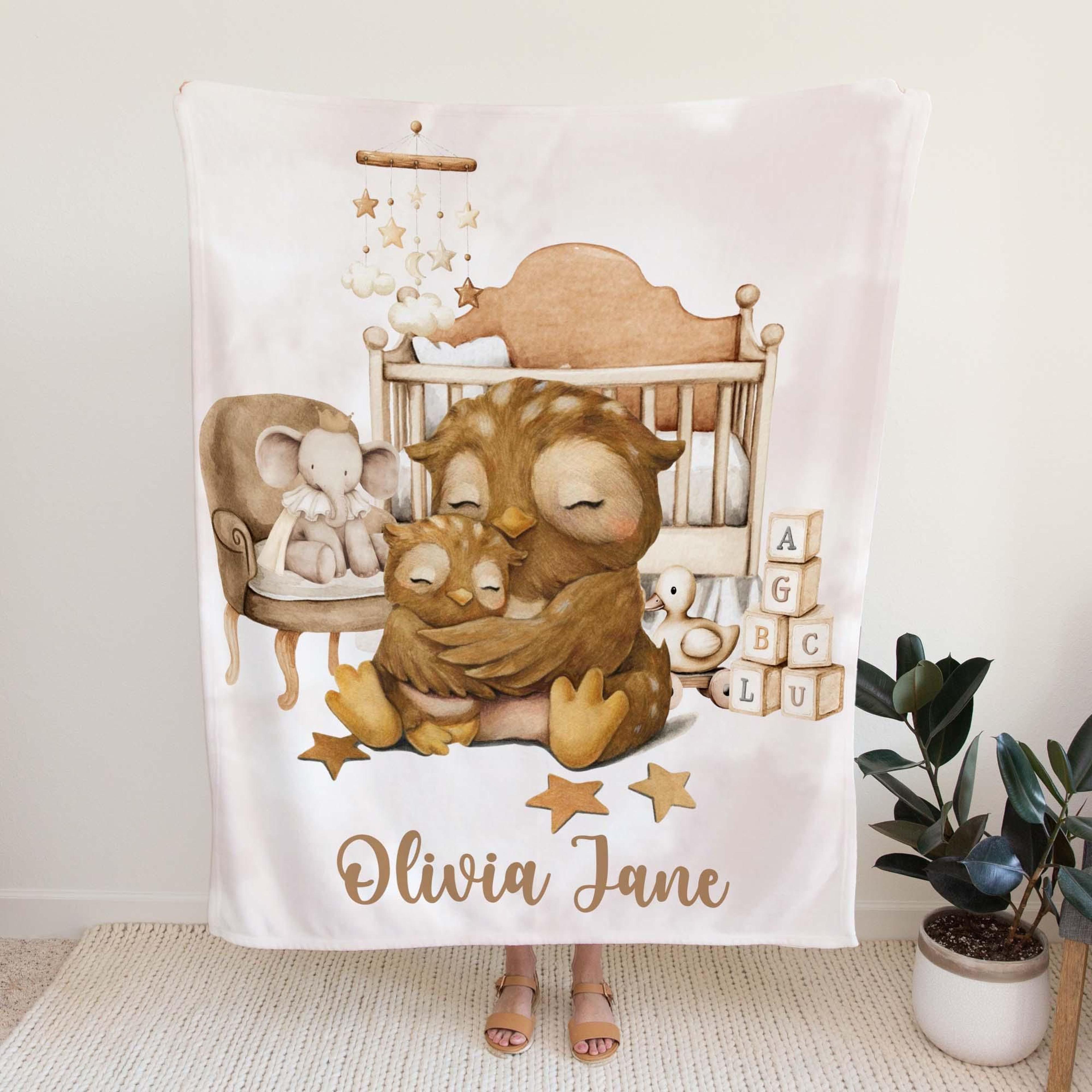 personalized owl sherpa baby blanket, mother and baby owl nursery blanket, woodland animal custom name baby shower gift