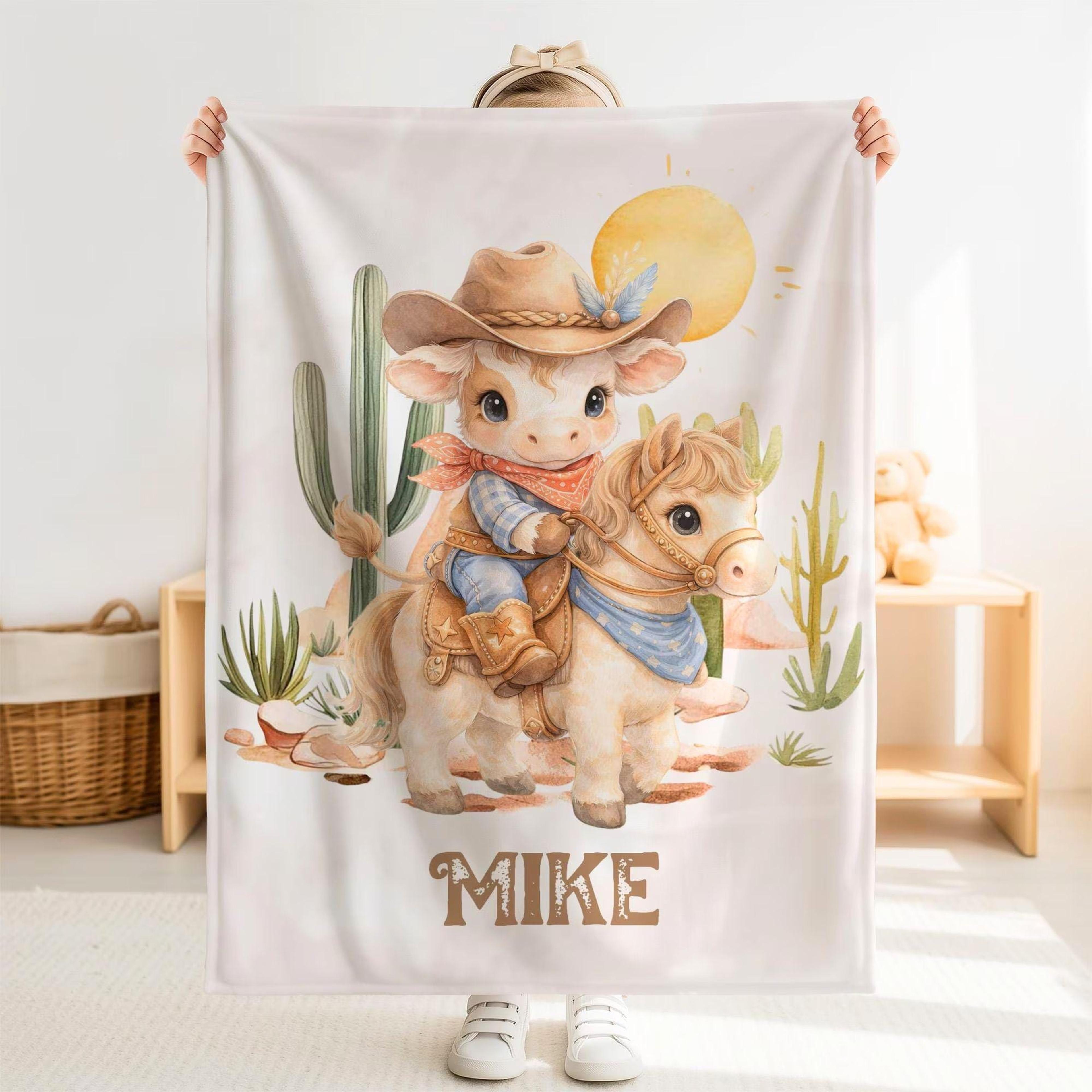 personalized cowboy sherpa baby blanket, custom name western nursery blanket, cow horse farm animal baby boy shower gift