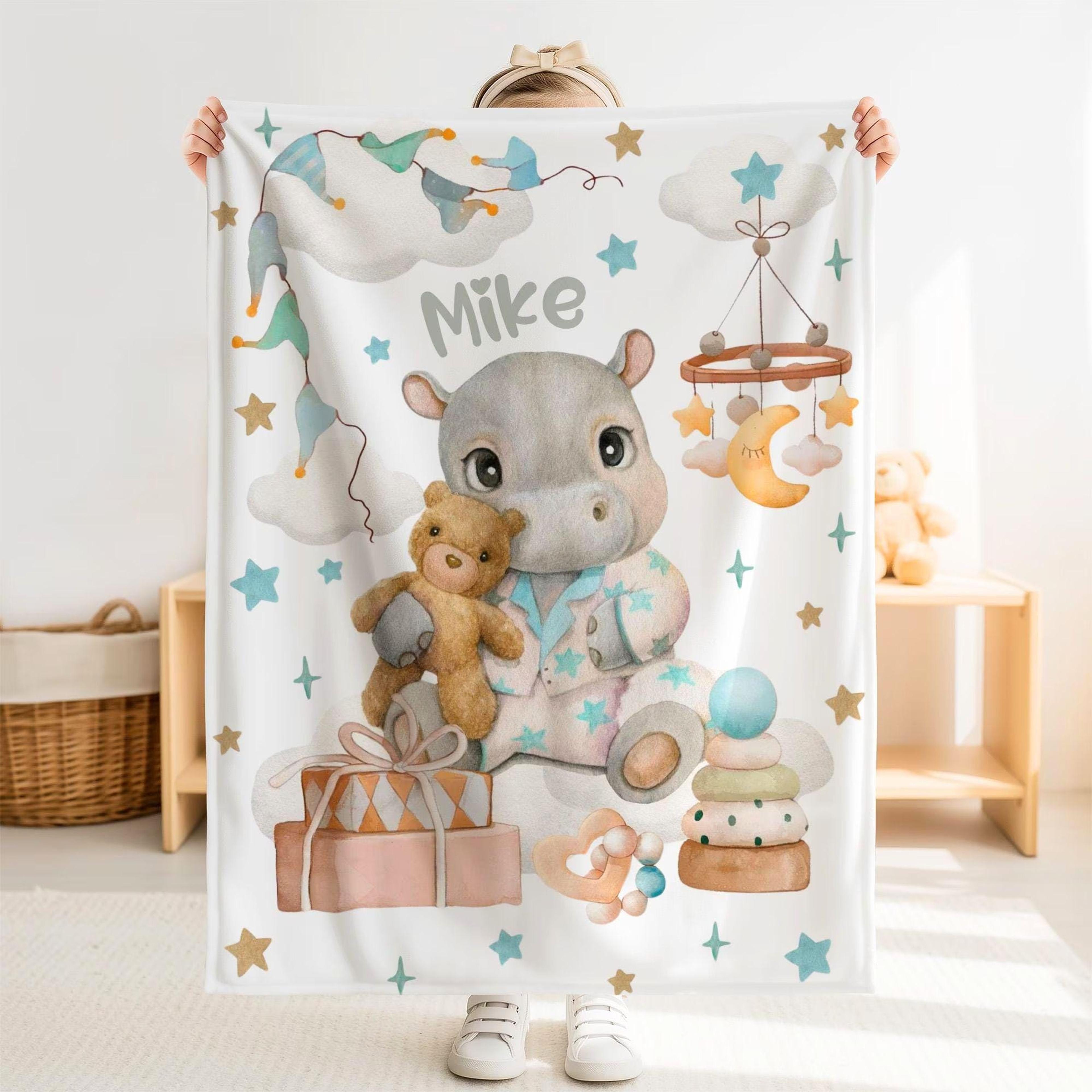 personalized hippo sherpa baby blanket, custom name animal nursery blanket, cute hippopotamus baby shower birthday gift