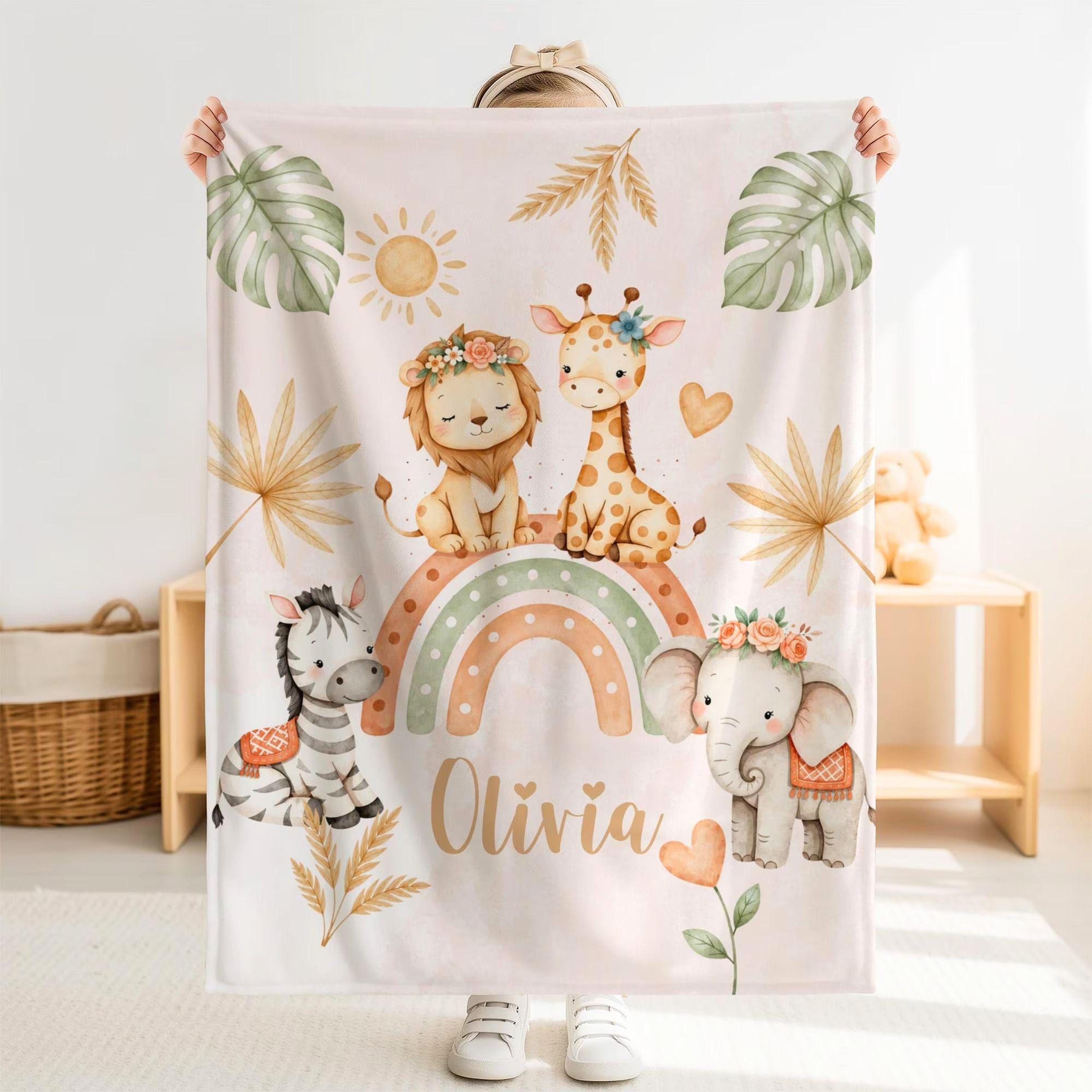 personalized safari animal sherpa baby blanket, custom name jungle blanket, lion giraffe nursery gift, baby shower
