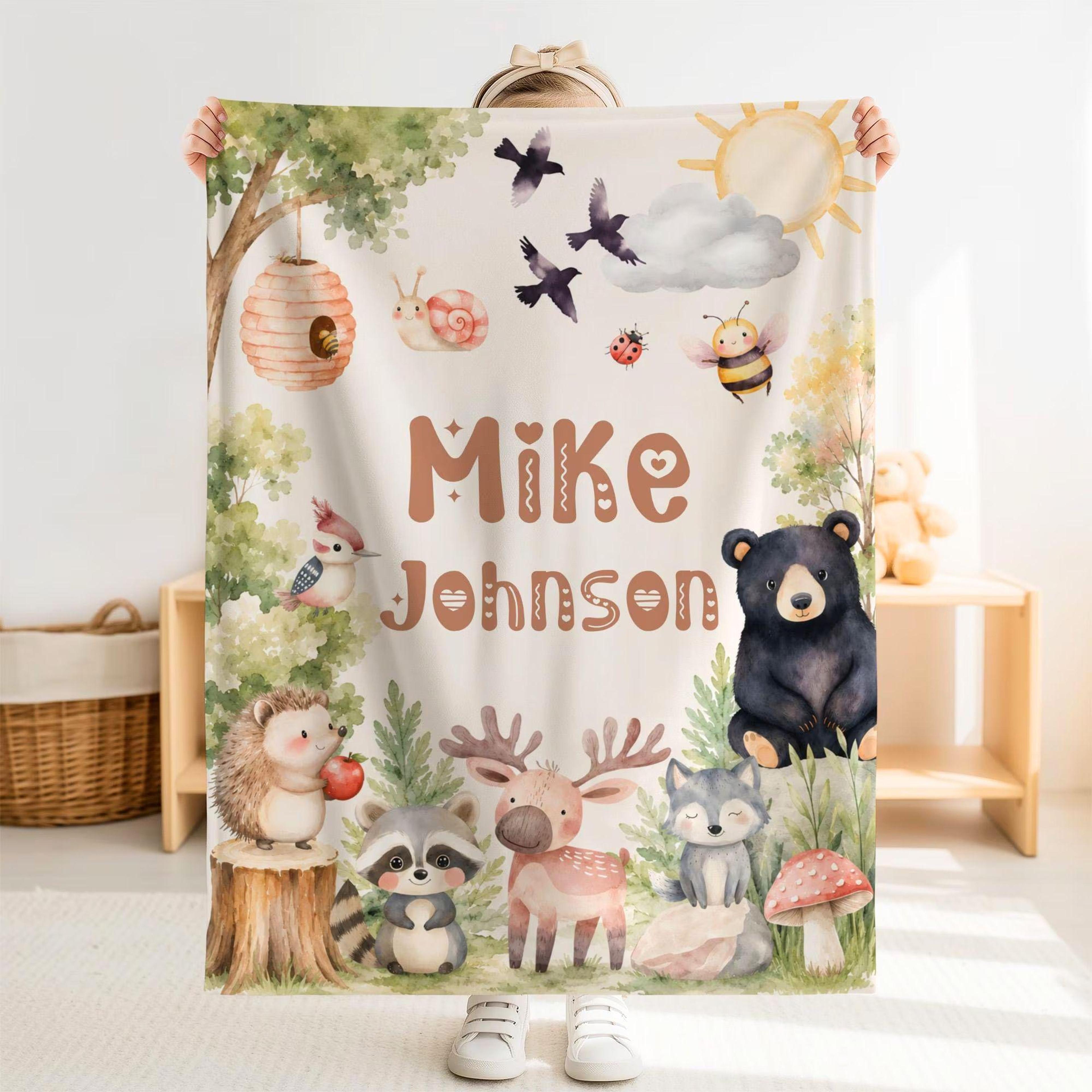 personalized woodland animals sherpa baby blanket, custom name forest nursery gift, bear deer fox raccoon baby blanket